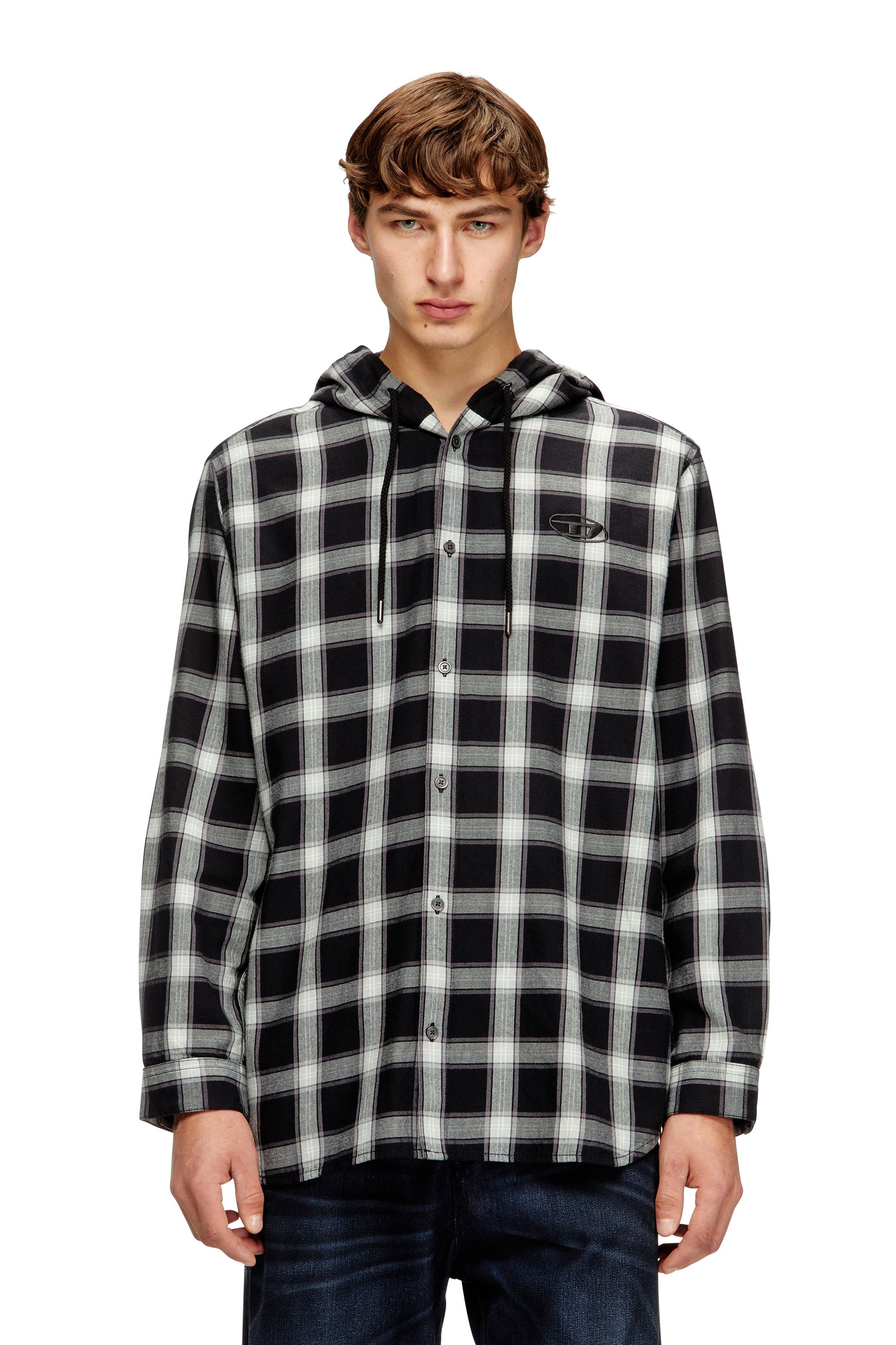 Diesel - S-IX-AJFI, Male's フード付きシャツ in ブラック/ホワイト - 1