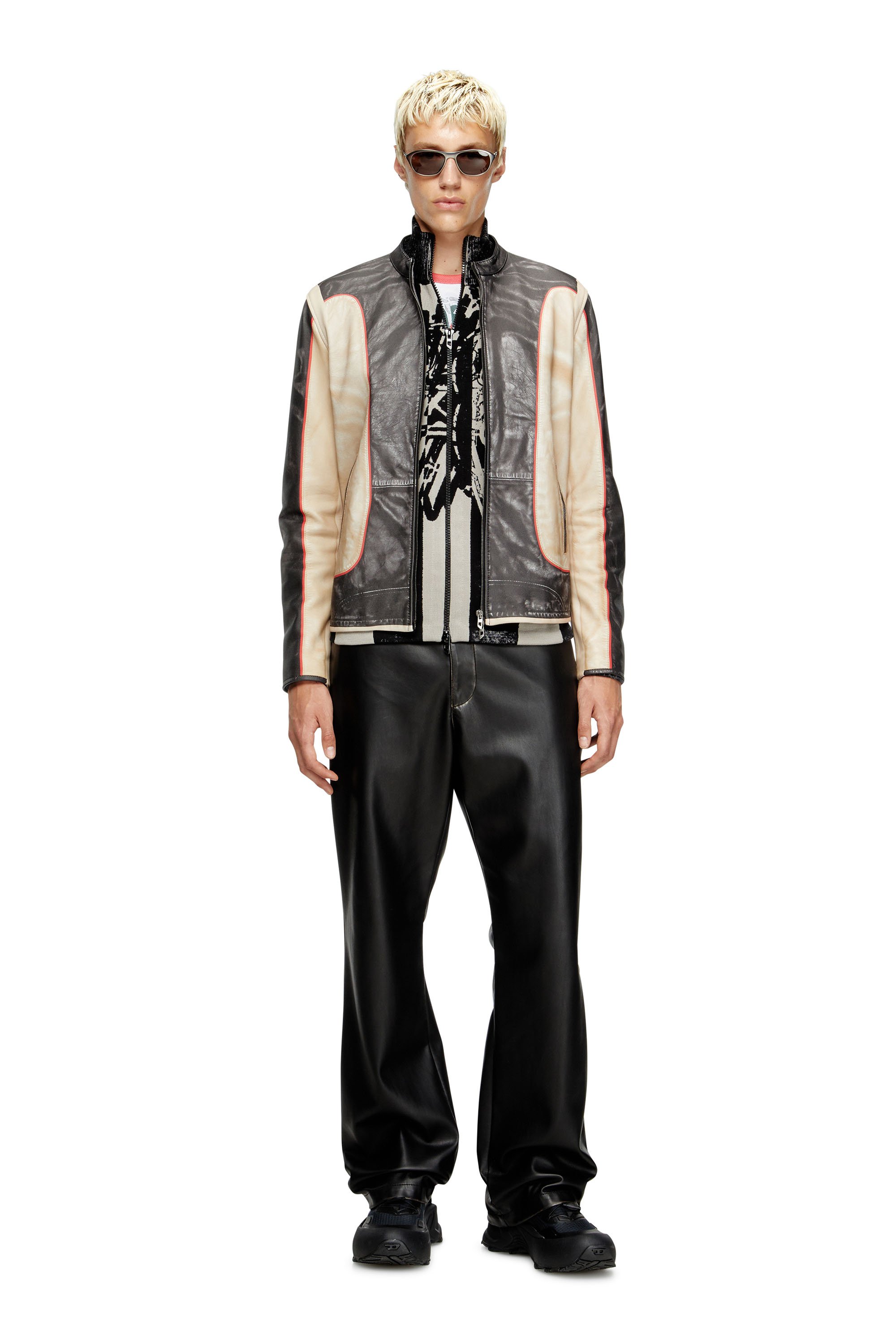 Diesel - L-EVERT, Male's Trompe l'oeil-effect leather biker jacket in ベージュ/ブラック - 2