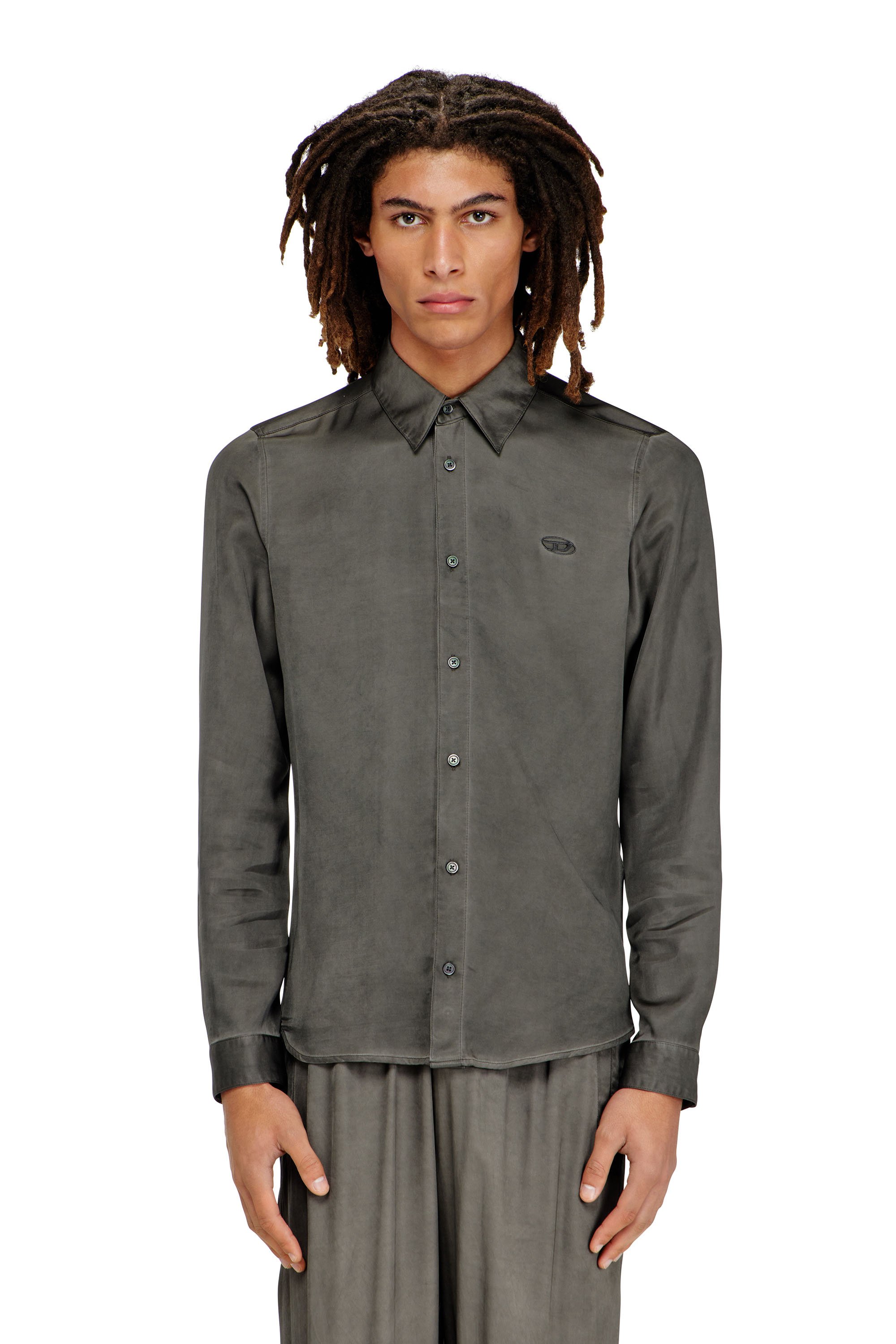 Diesel - S-KINNY-ALBG, Male's Shirt in treated fluid viscose in ダークグレー - 1