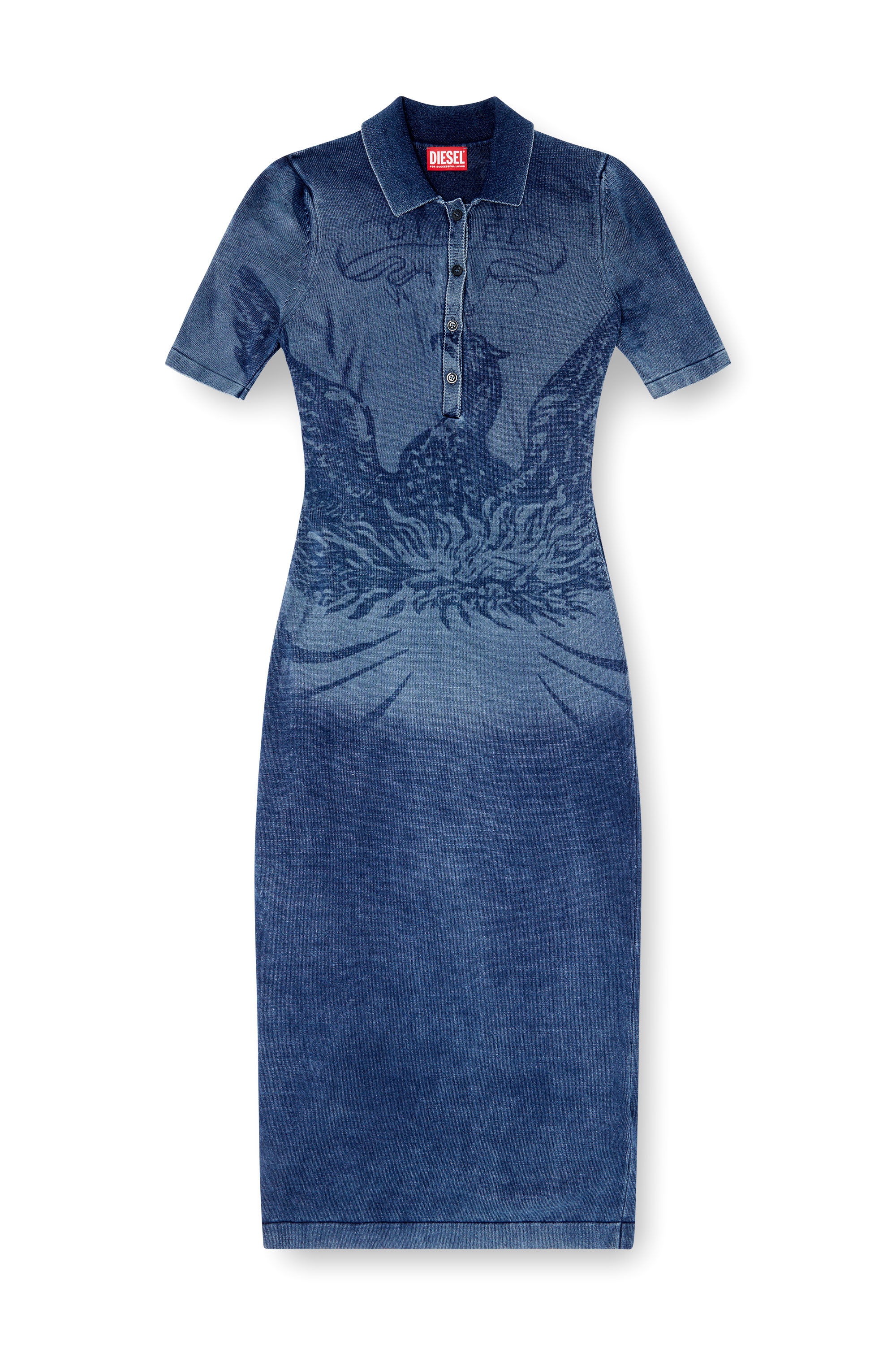 Diesel - M-FENNY-DRS, Female's Polo midi dress in denim-effect knit in ミディアムブルー - 5