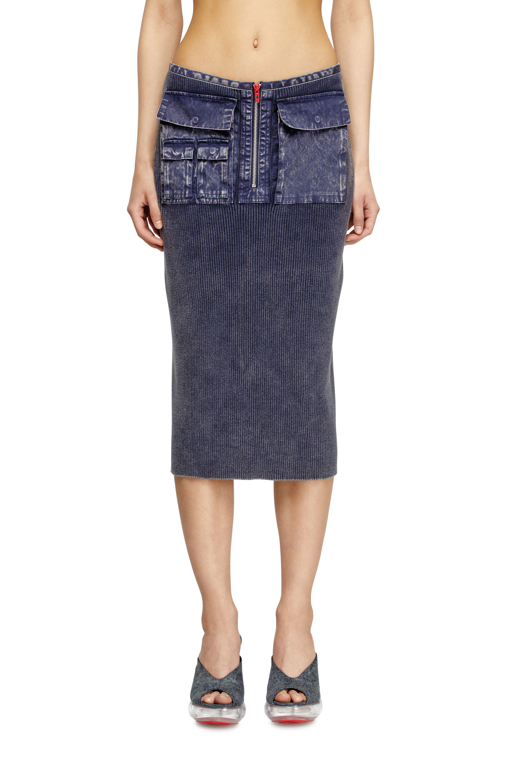 Diesel - M-MERYN, Female's Knit midi skirt with denim cargo pockets in ブルー - 2