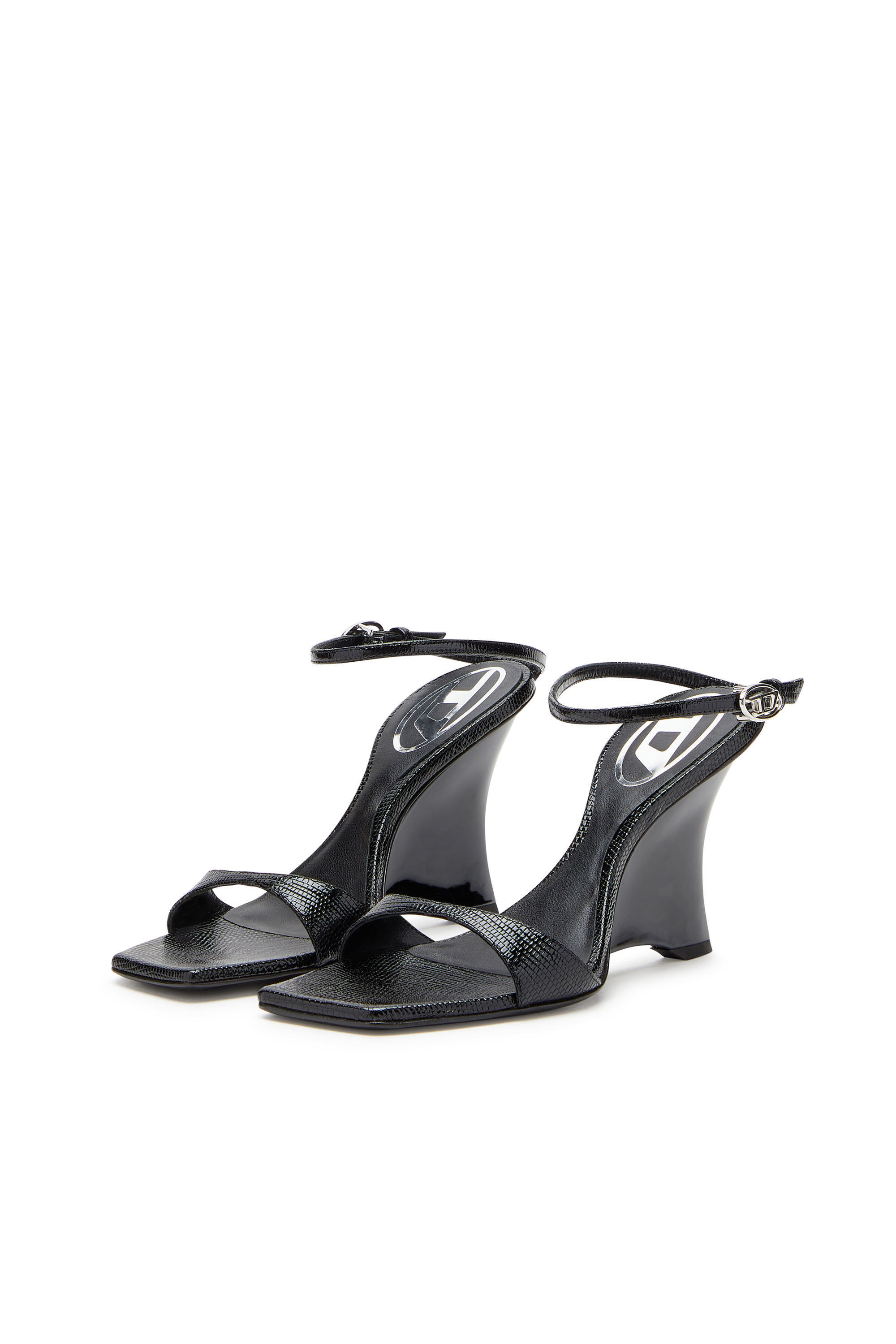 Diesel - D-AMBER SANDAL WEDGE, Female's D-Amber-Wedge sandals in lizard-effect leather in ブラック - 8