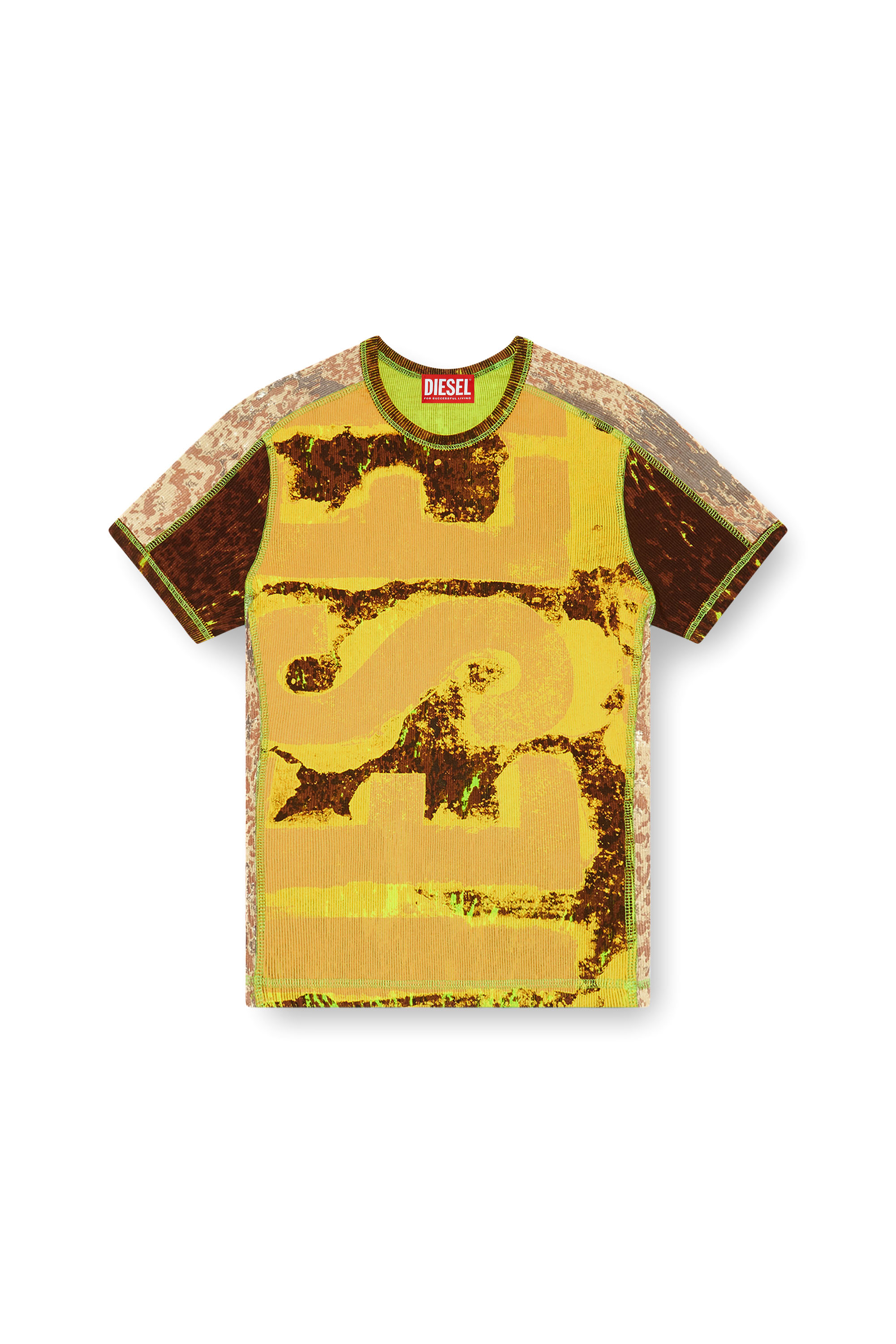 Diesel - T-ELE-LONG-P5, Female's Ribbed T-shirt with abstract print in ブラウン/イエロー - 3