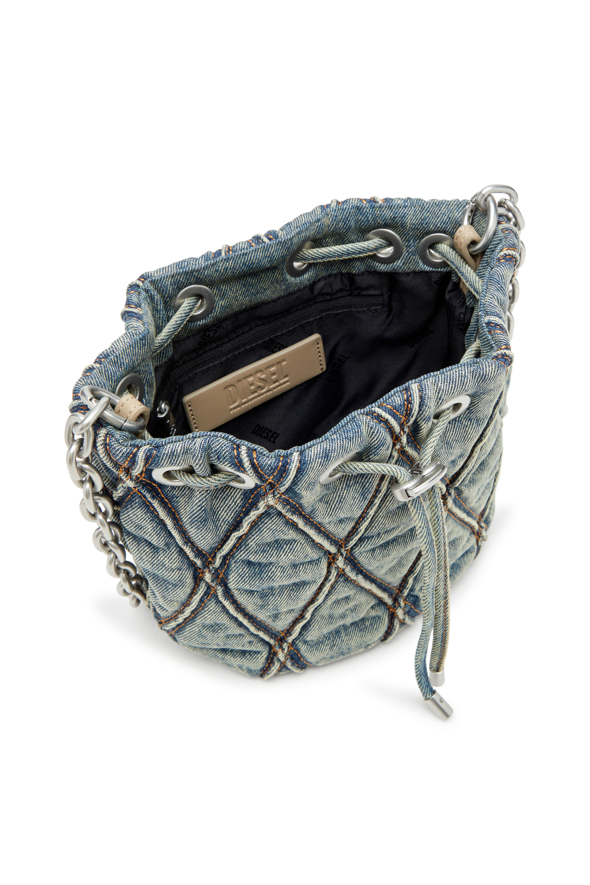 Diesel - CHARM-D BUCKET S, Female's Charm-D S-Mini bucket bag in argyle quilted denim in ブルー - 4