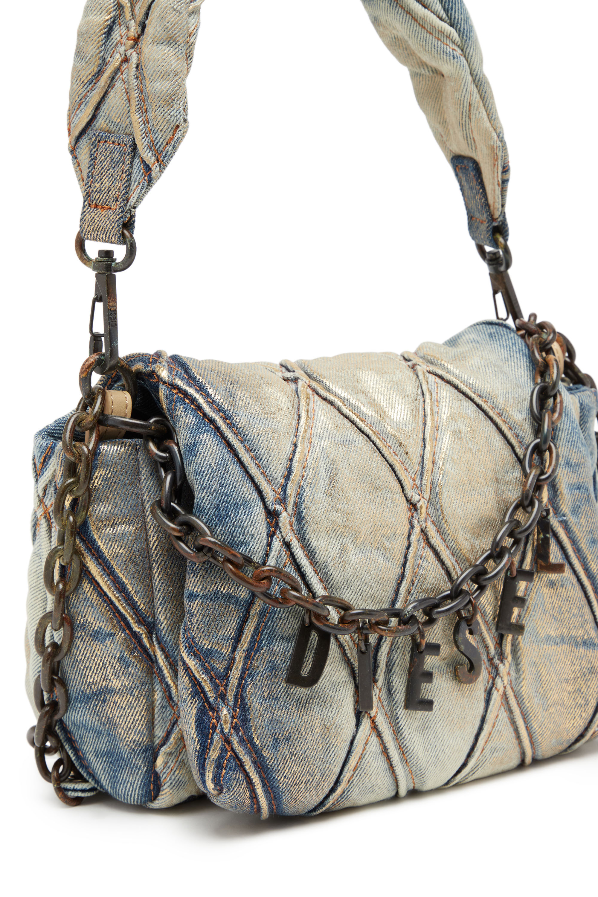 Diesel - CHARM-D SHOULDER S, Female's Charm-D S-Small shoulder bag in metallic quilted denim in ブルー/ゴールド - 5