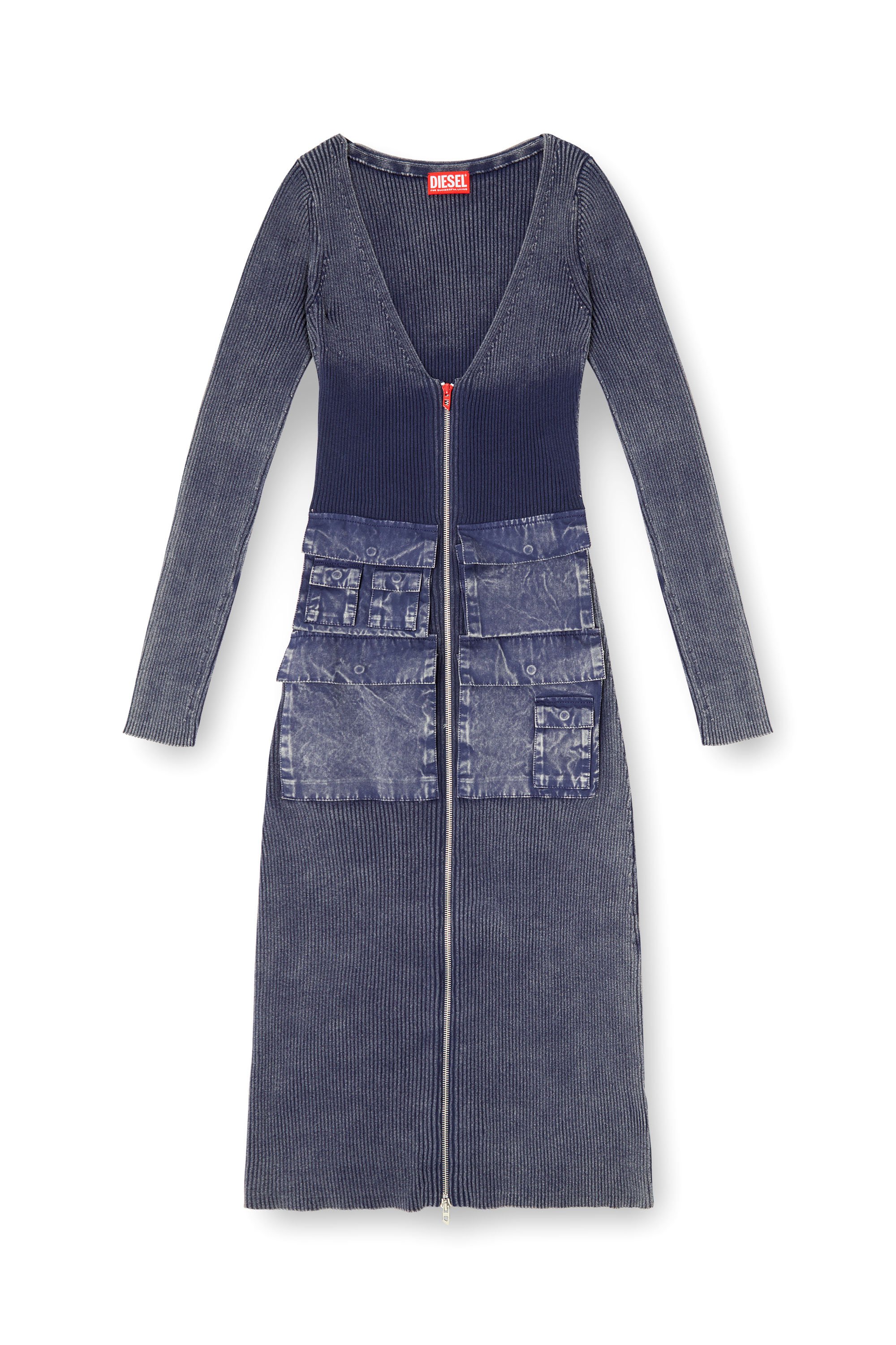 Diesel - M-MELTI-LS, Female's Ribbed midi dress with denim treatment in ブルー - 3