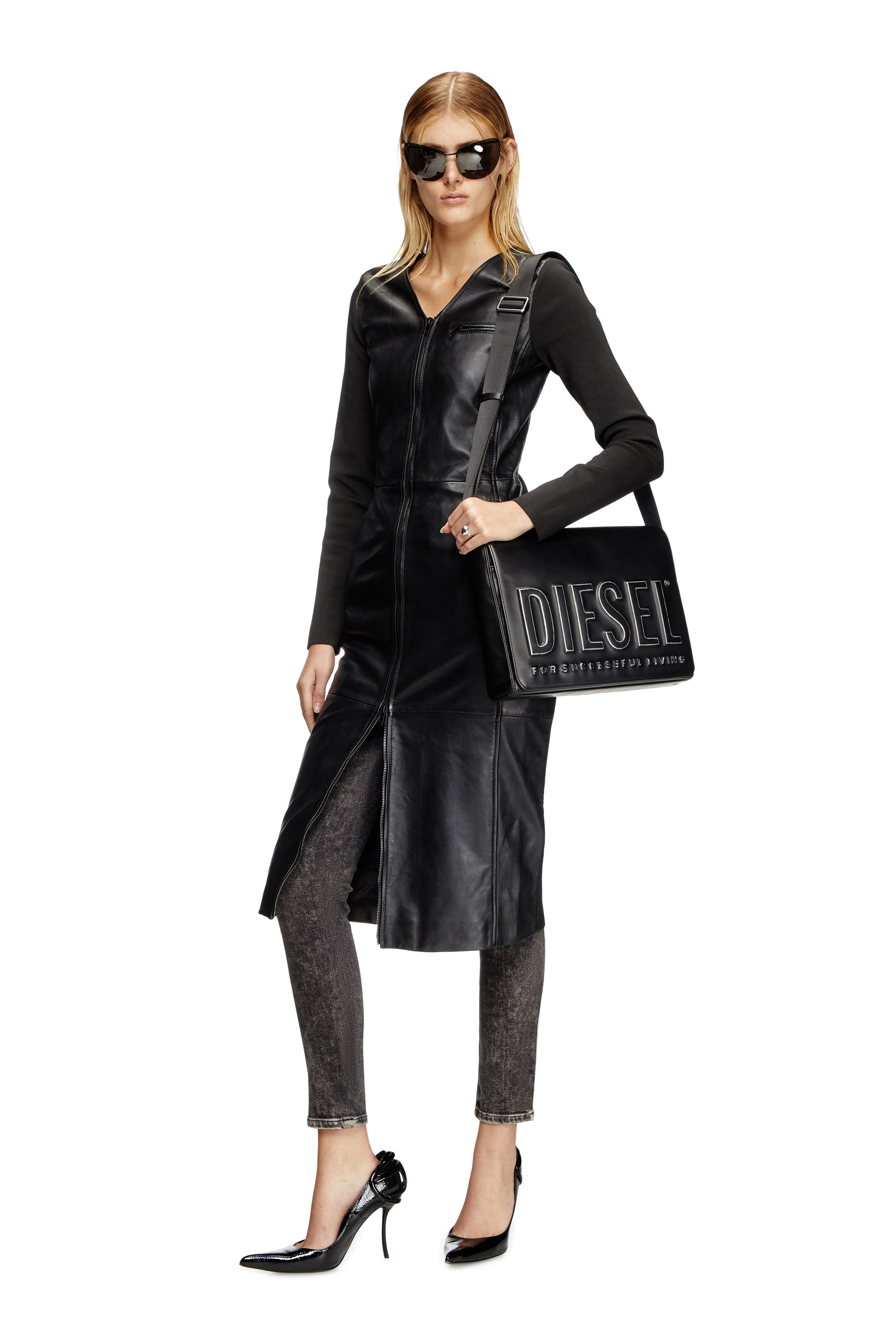 Diesel - L-OLA, Female's Dress in leather and stretch knit in ブラック - 1