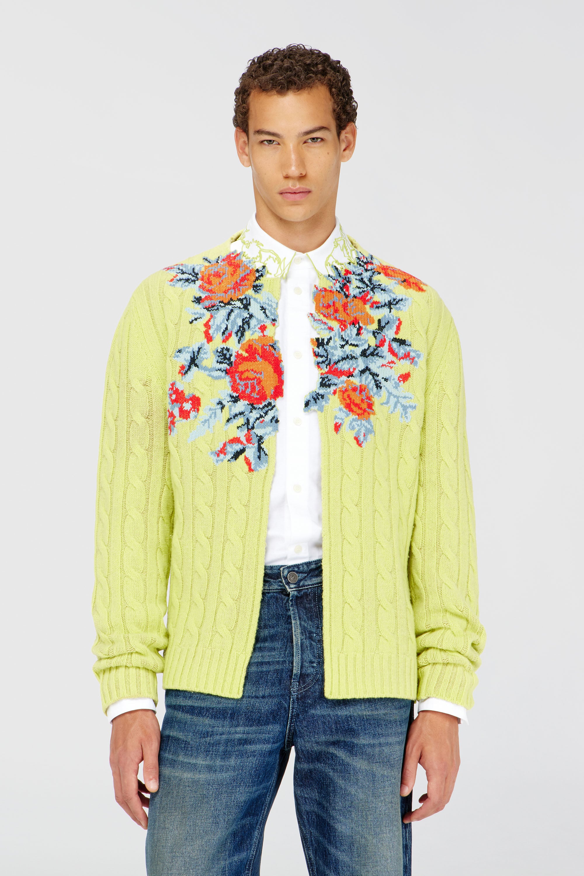 Diesel - K-RINO, Male's Open-front cardigan in floral cable knit in 蛍光イエロー - 1