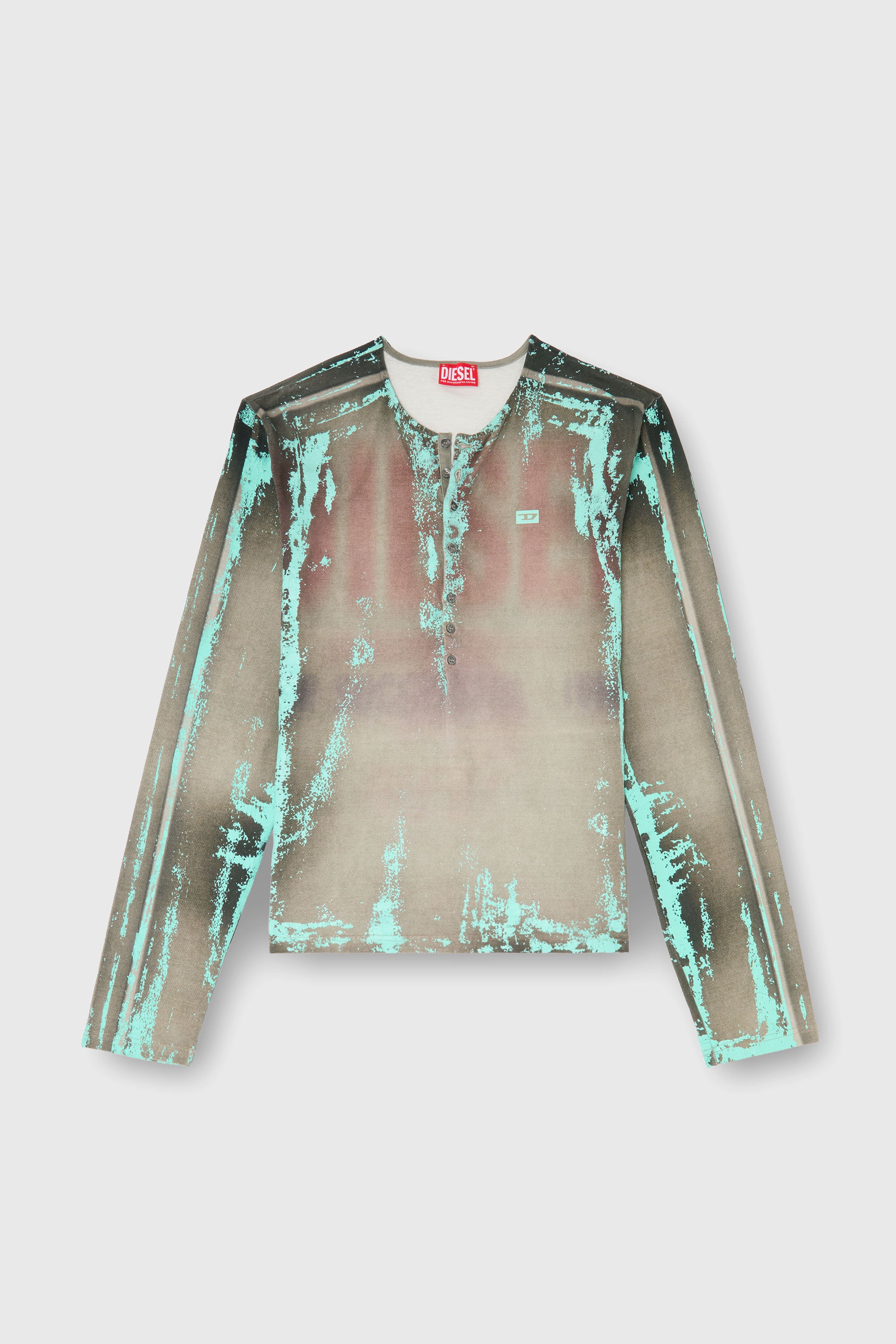Diesel - T-FYNO-ML, Male's Grandad T-shirt in cracked leather-effect jersey in グレー/ブルー - 2