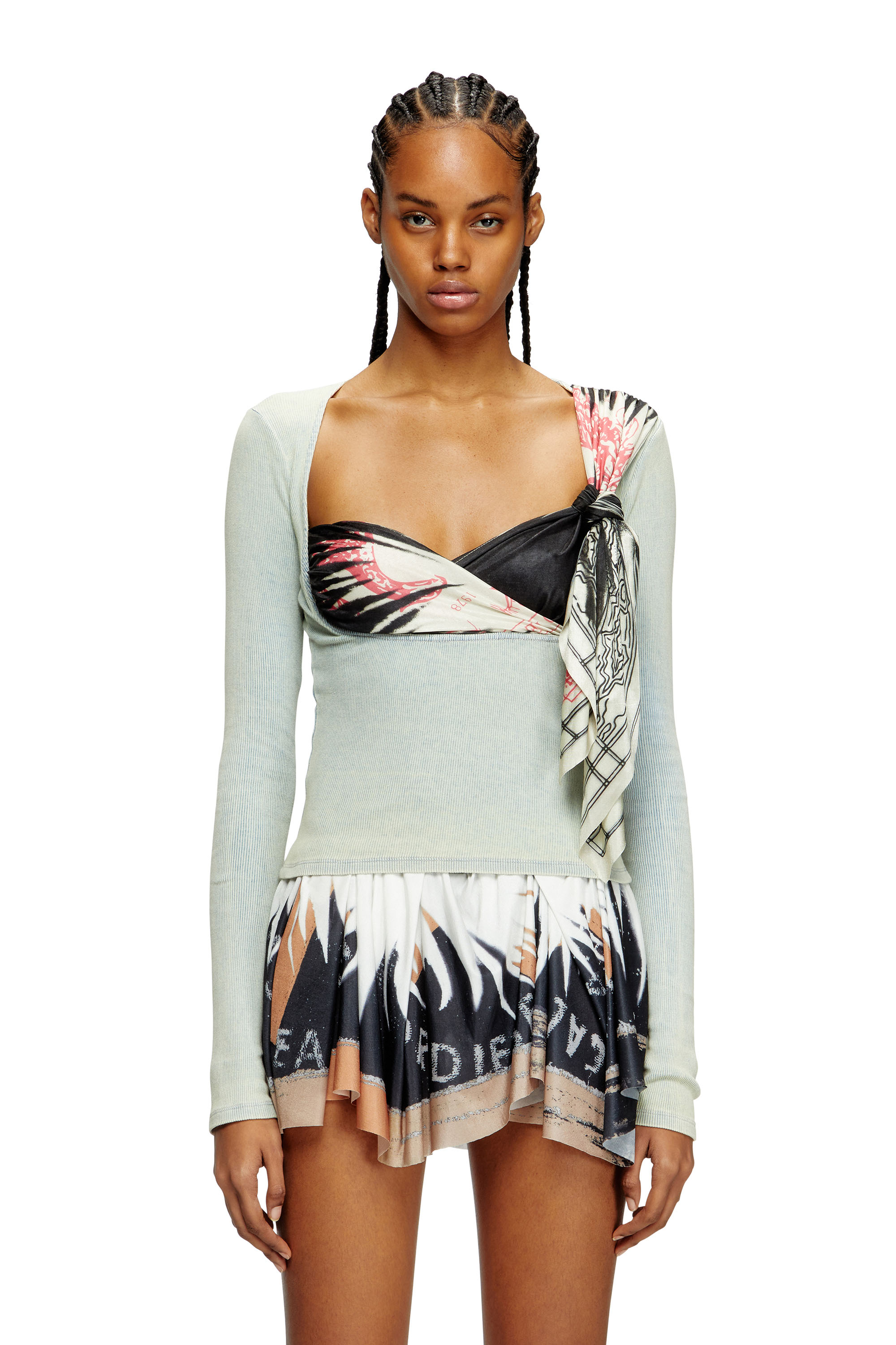 Diesel - T-LERYA, Female's Rib top with draped bandana bust in ブルー/ホワイト - 3