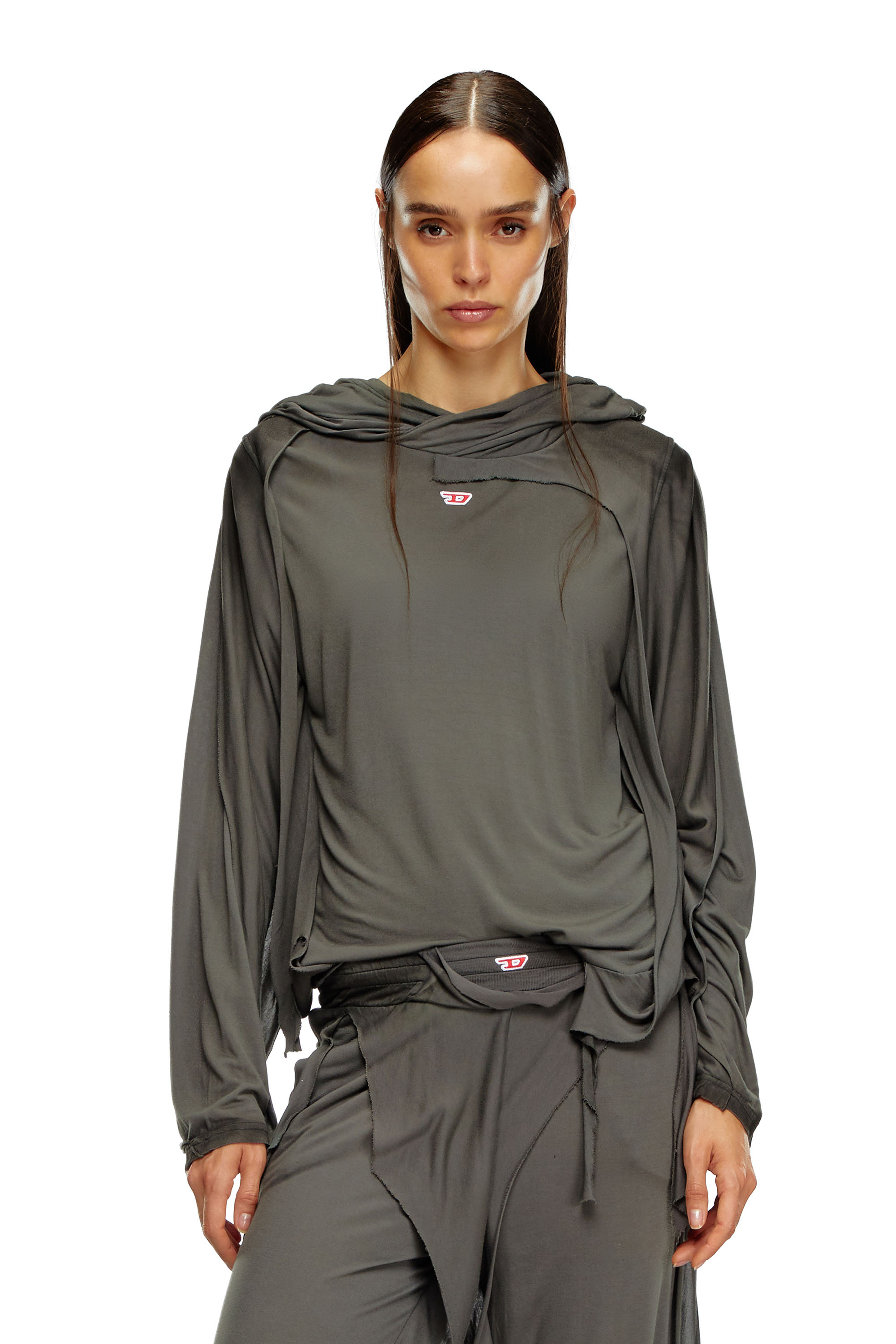 Diesel - T-AGO, Female's Destroyed hooded top in layered jersey in ダークグレー - 1