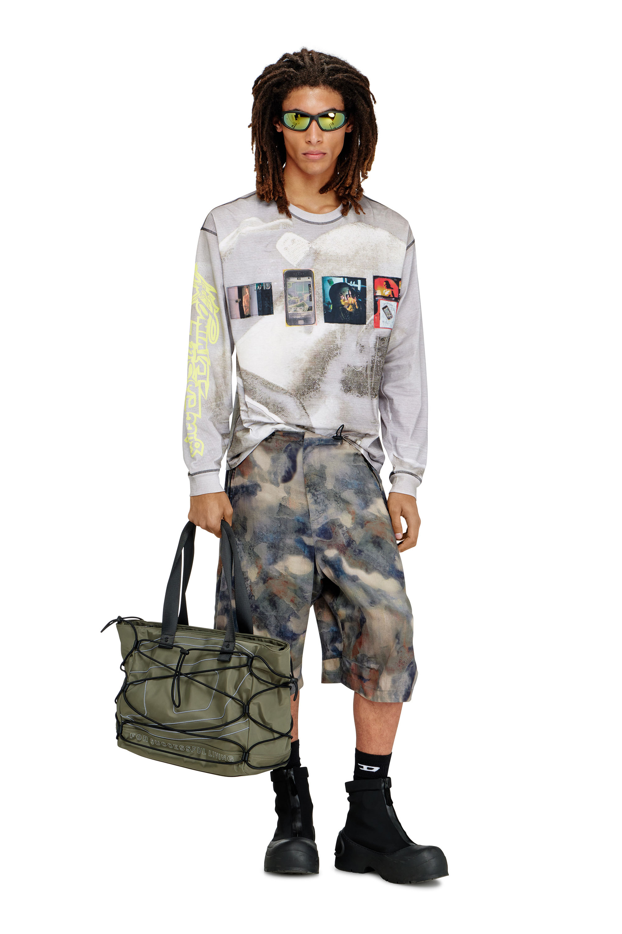 Diesel - TECH-D TOTE M X, Unisex's Tech-D-Nylon tote bag with reflective Oval D in オリーブグリーン - 2