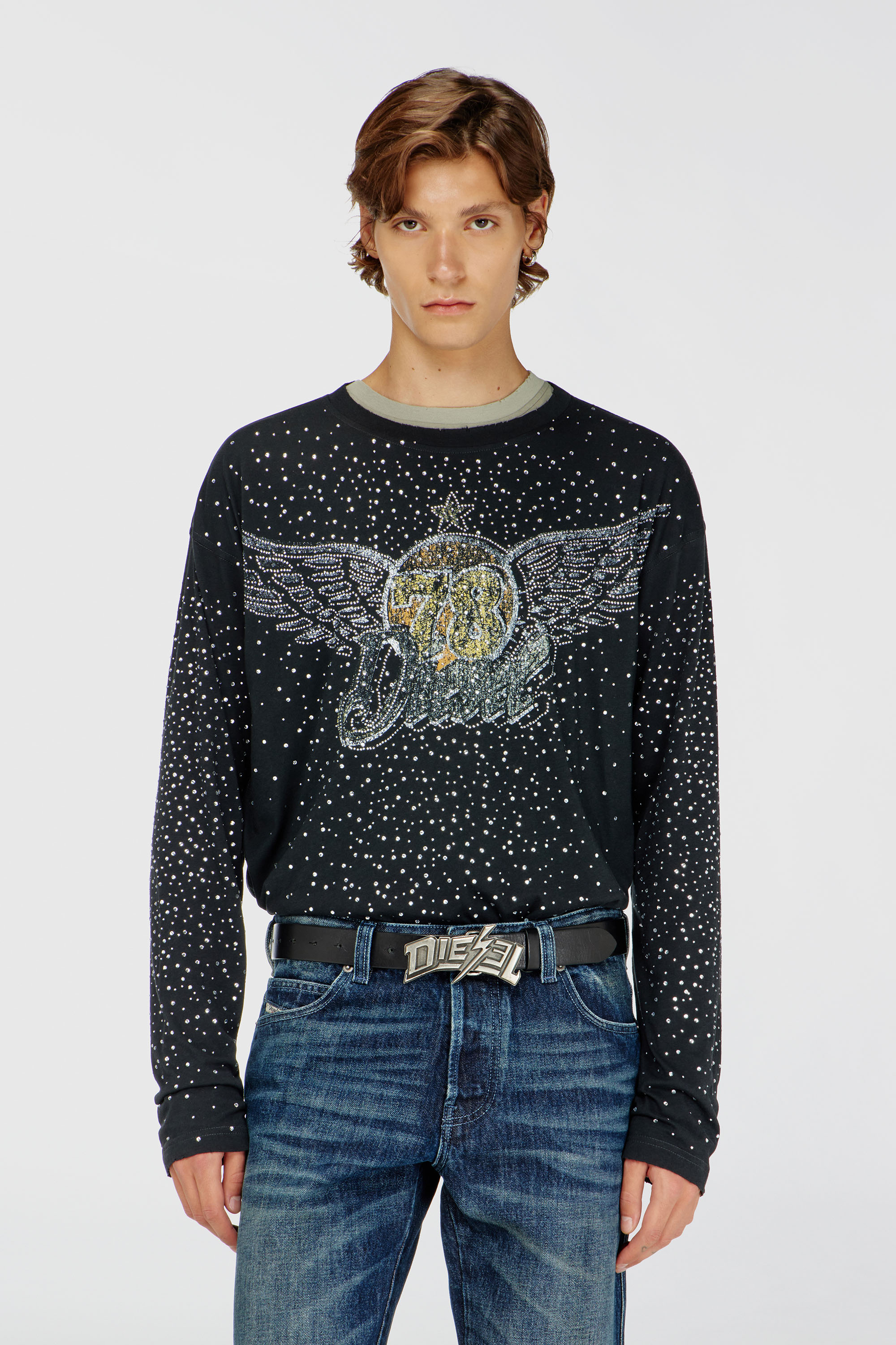 Diesel - T-EDRO-CRT-LS-C, Male's Ripped long-sleeve T-shirt with crystals in ブラック - 3