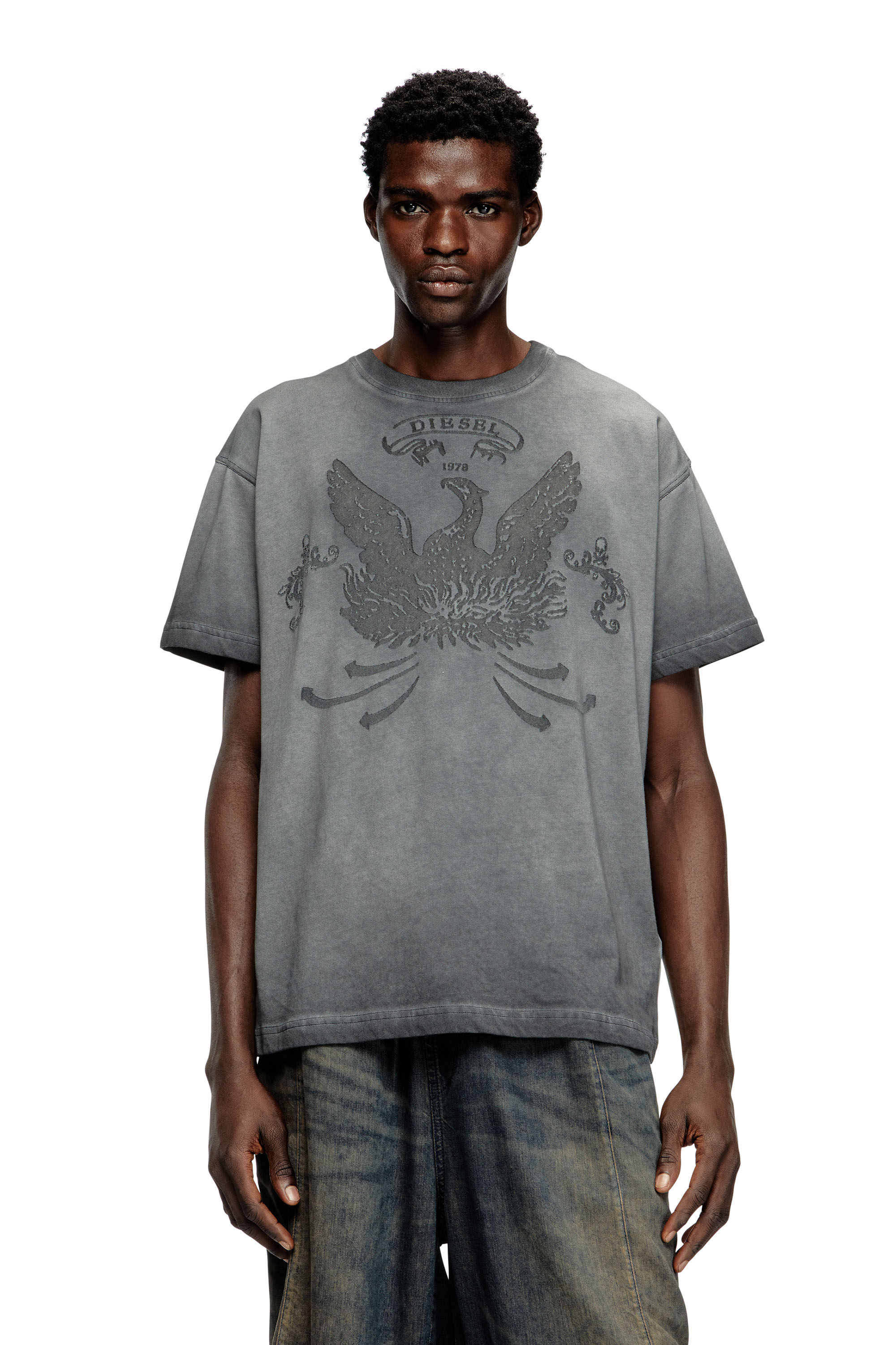 Diesel - T-NORM-T9, Male's T-shirt with phoenix devoré in グレー - 1
