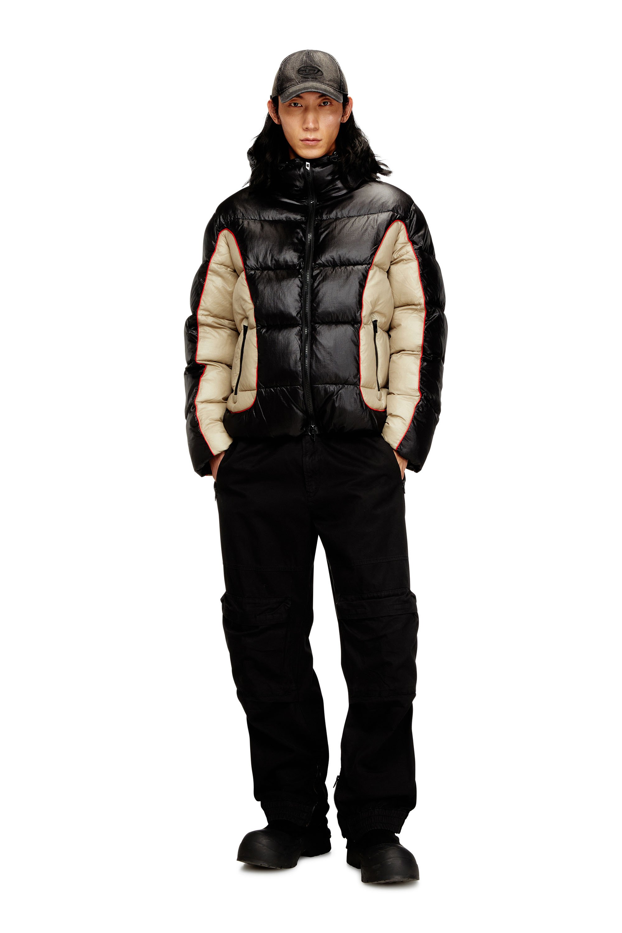 Diesel - W-OSTEND, Male's Hooded puffer jacket in shiny ripstop in ブラック/ベージュ - 2