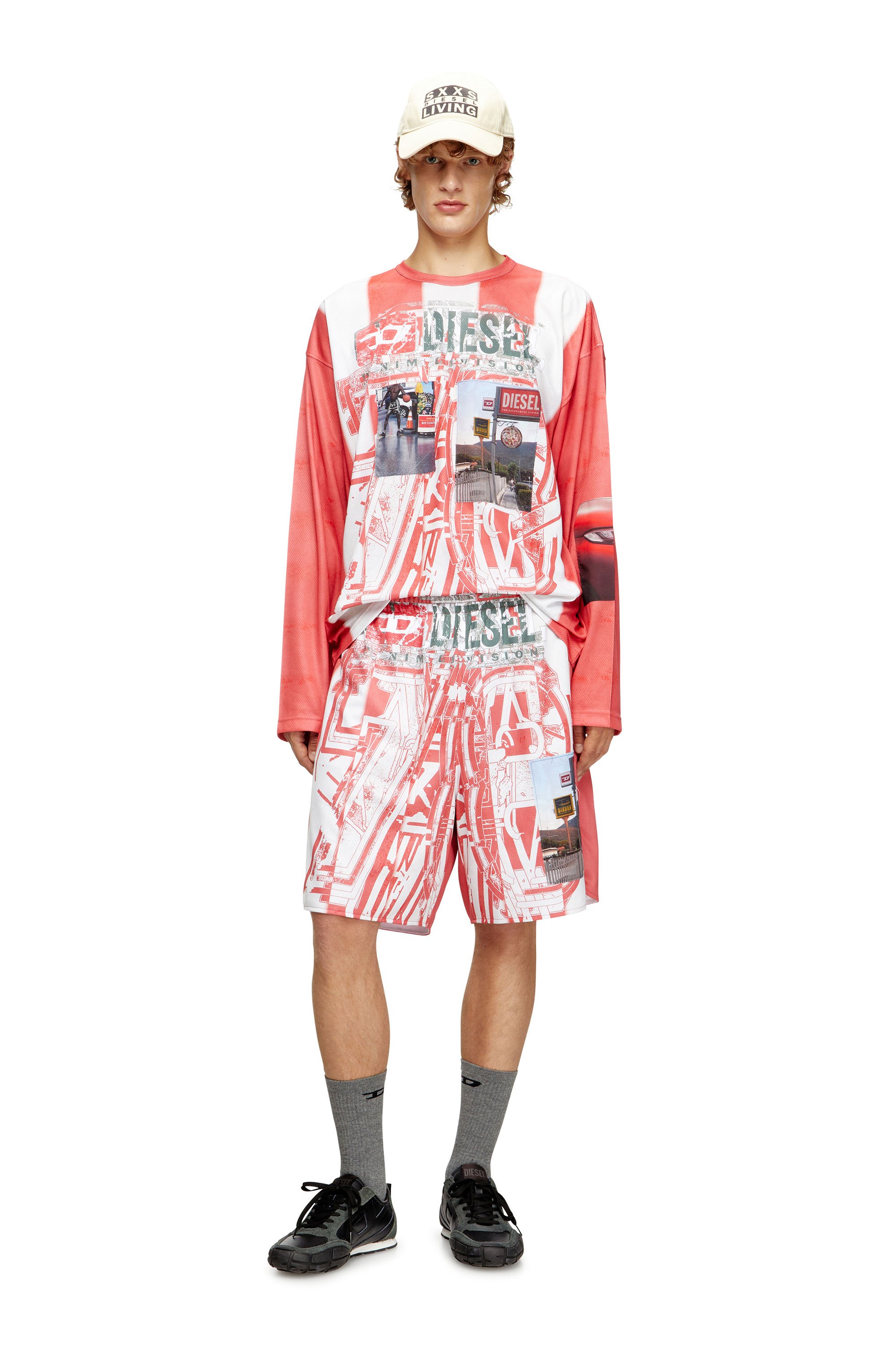 Diesel - T-RUBY, Male's Striped long-sleeve T-shirt with photo patches in レッド/ホワイト - 2