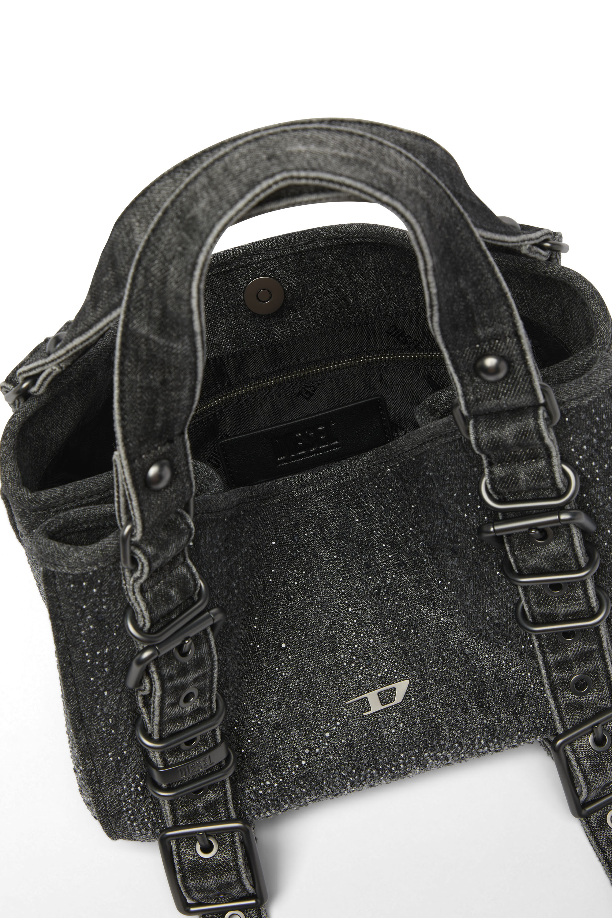 Diesel - D-ONE TOPHANDLE S, Female's D-One-Small top-handle bag in crystal solarised denim in ブラック - 4