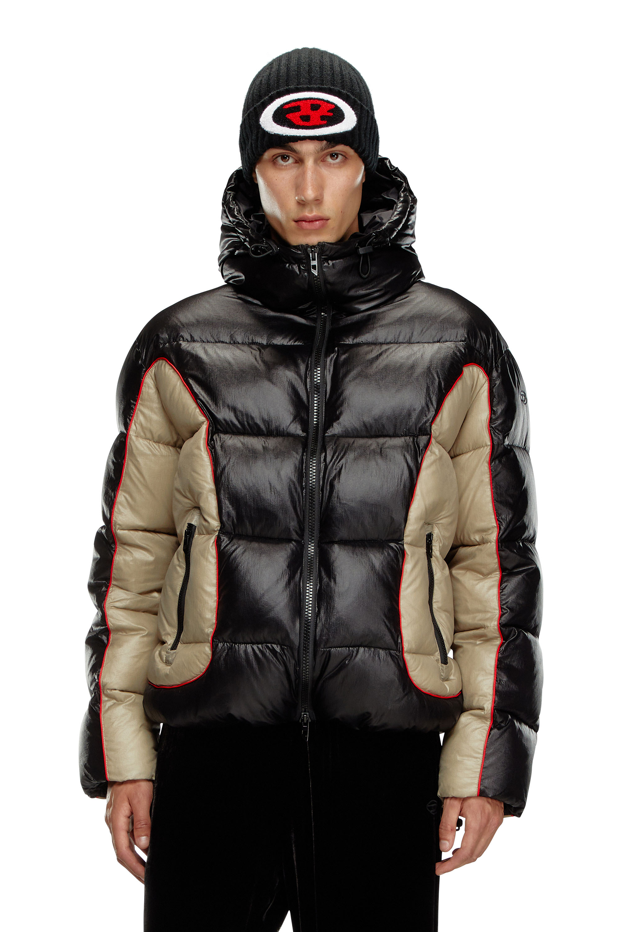Diesel - W-OSTEND, Male's Hooded puffer jacket in shiny ripstop in ブラック/ベージュ - 3