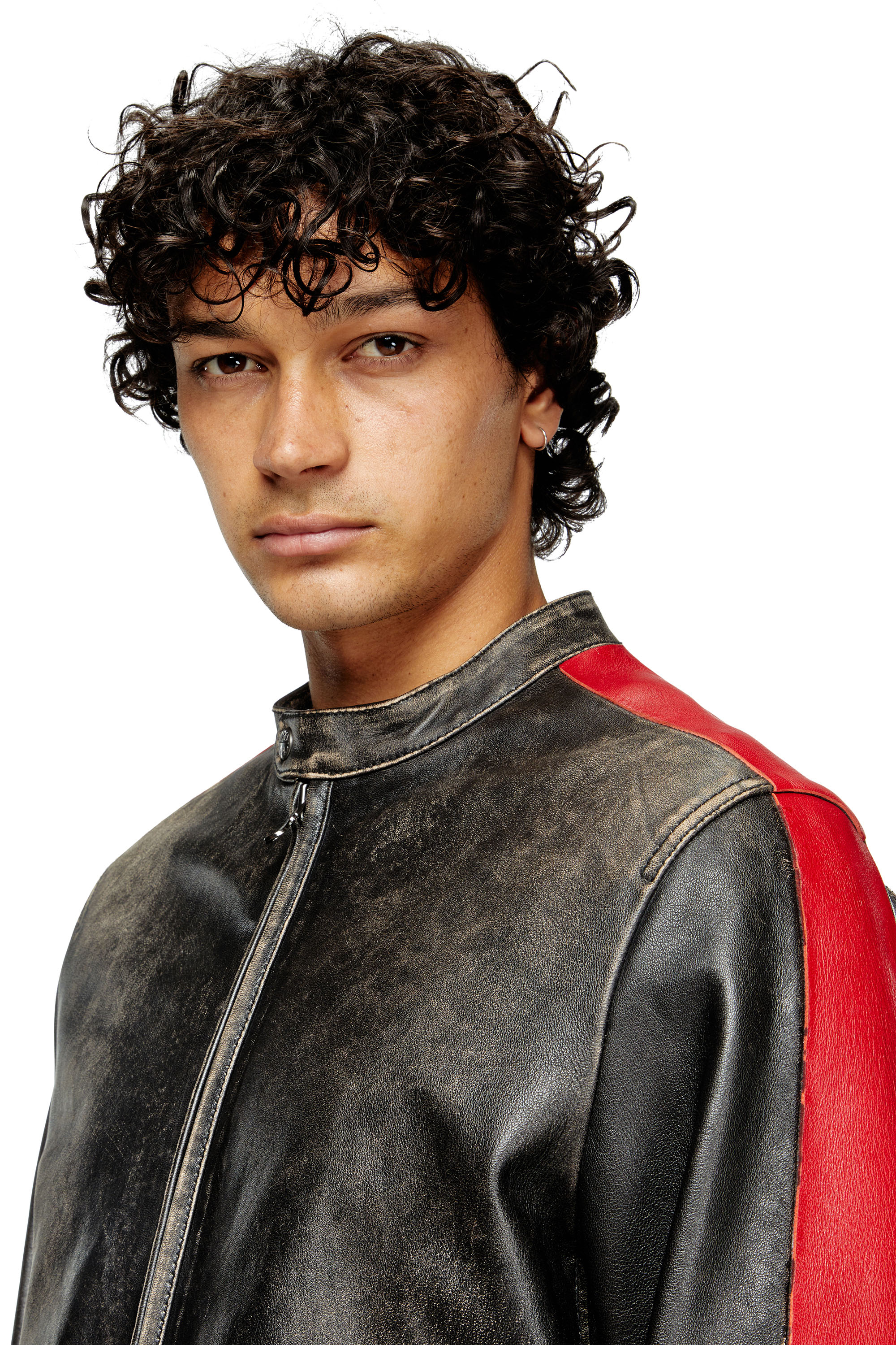 Diesel - L-RENN, Male's Leather jacket with contrasting stripes in ブラック/レッド - 4
