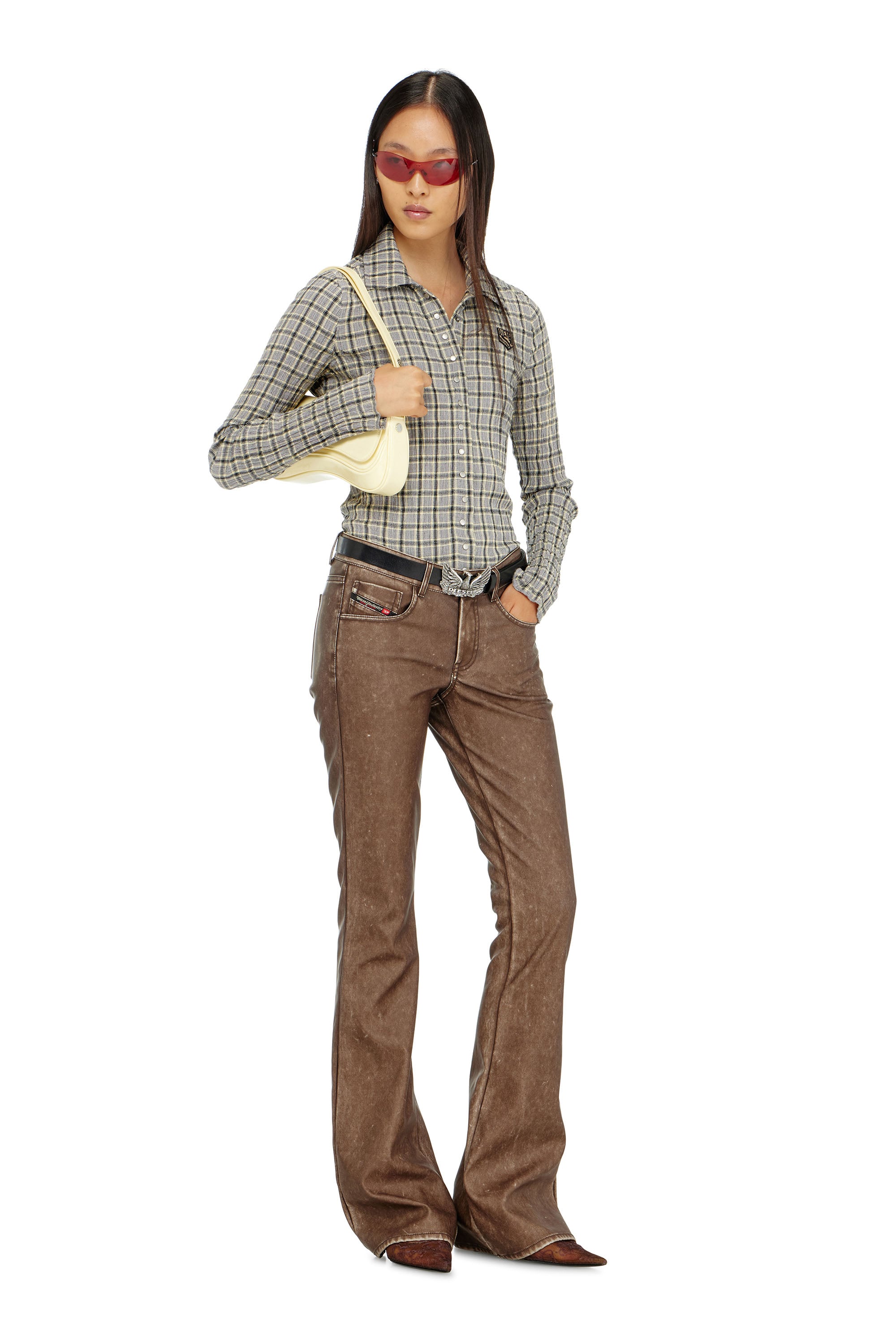 P-STELLAR-S1 Bootcut pants in treated coated fabric｜ブラウン