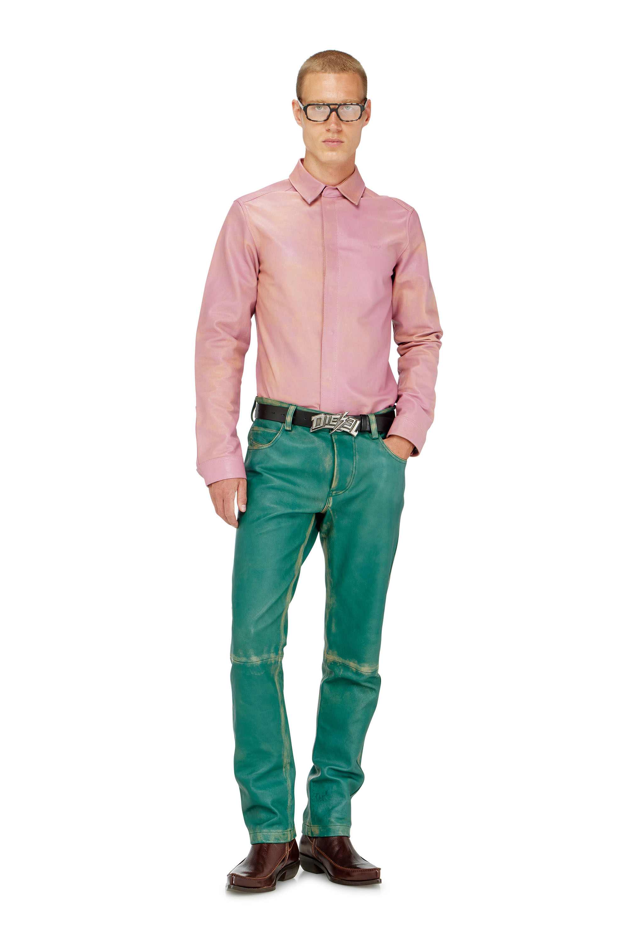 Diesel - S-CIRT, Male's Shirt in treated leather in ピンク / ホワイト - 1