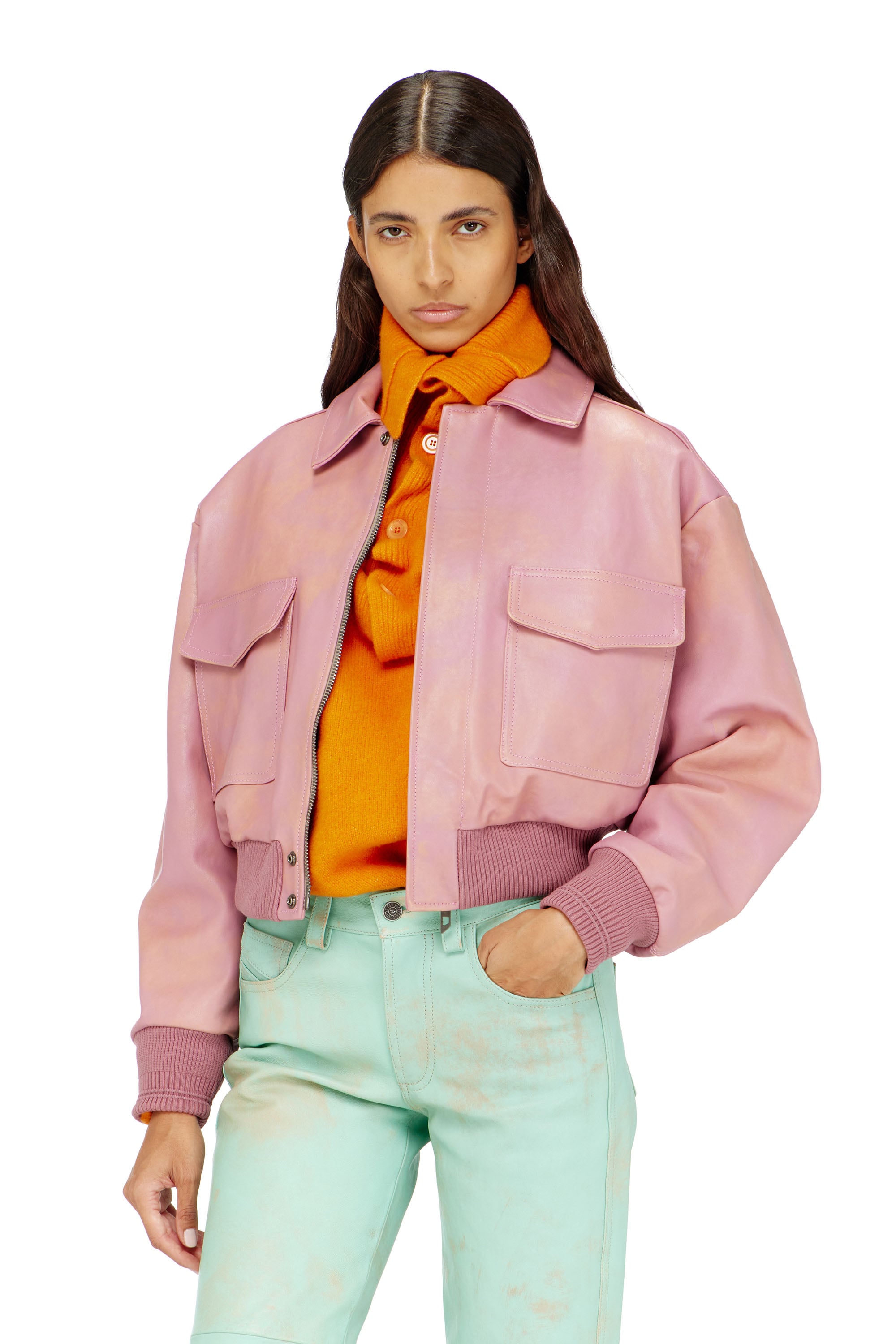 Diesel - L-AVIA, Female's Aviator jacket in treated leather in ピンク / ホワイト - 1