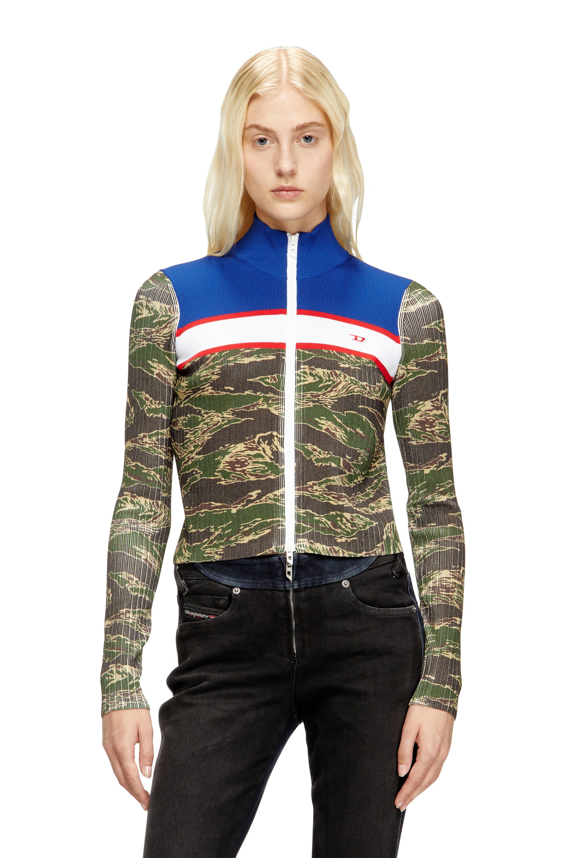 Diesel - M-CAMUT, Female's Camo zip sweater in ribbed viscose in ブルー/グリーン - 1