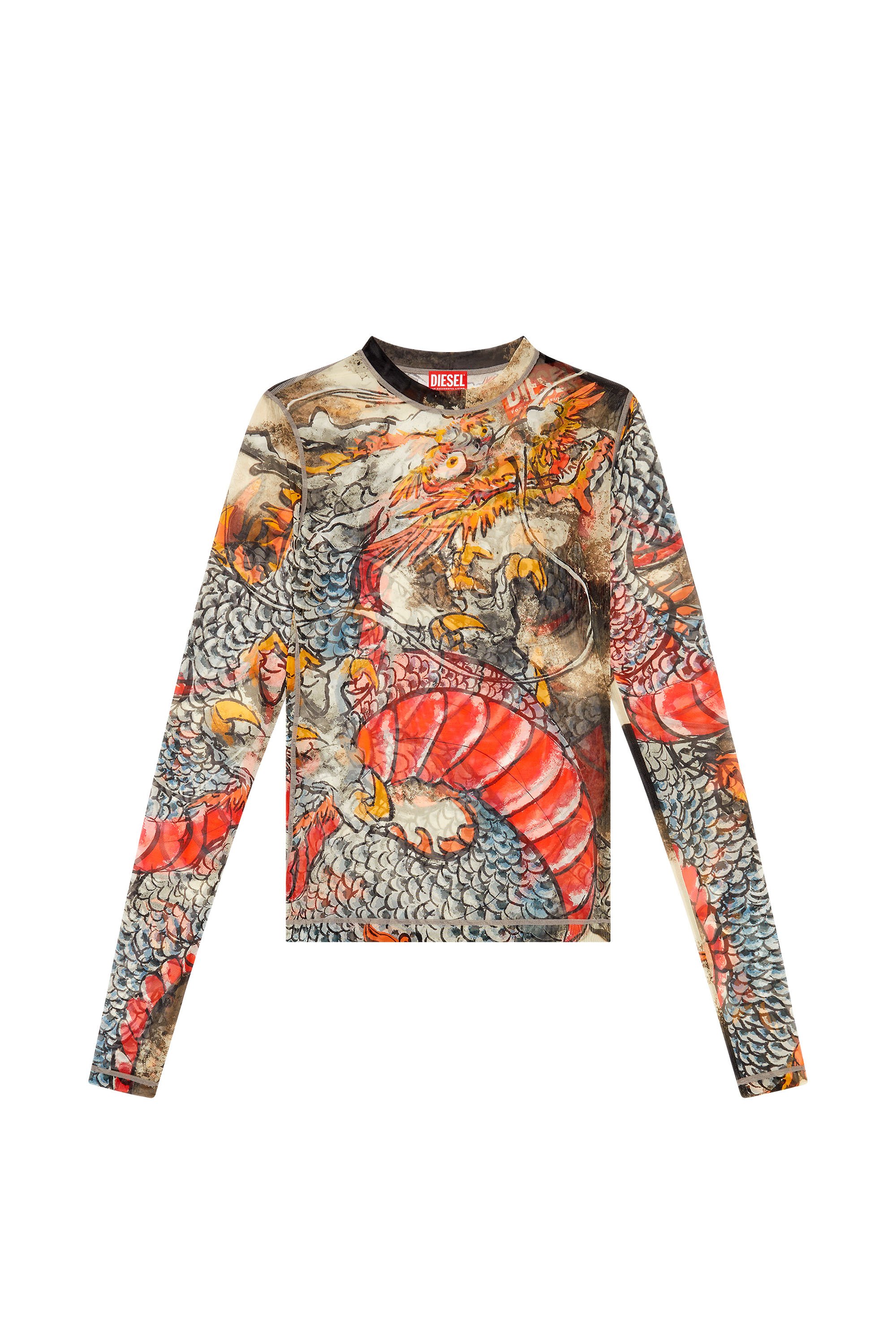 Diesel - CL-T-SIELAR-DRAGON, Unisex's Mesh top with Dragon print in ベージュ/レッド - 8