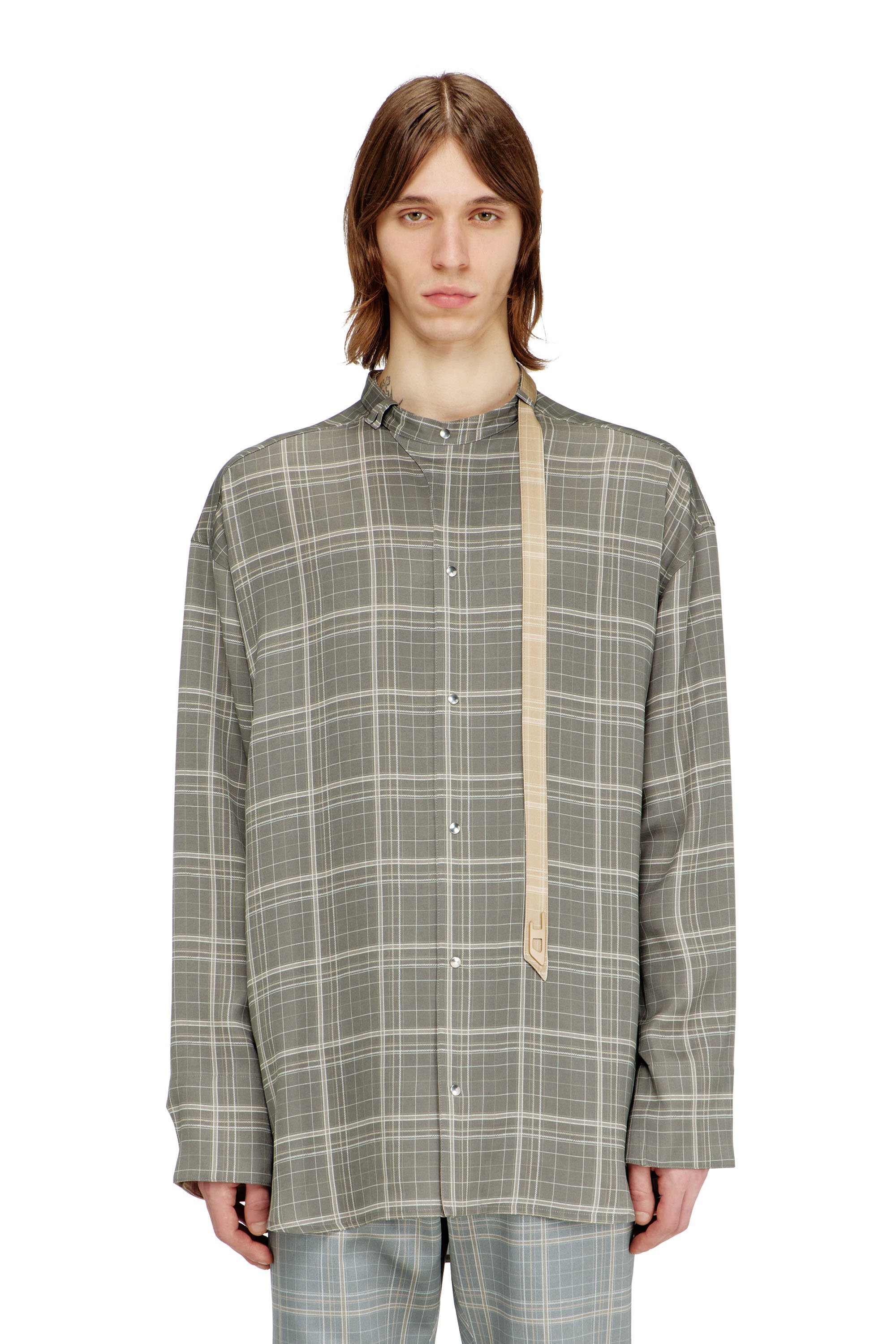 Diesel - S-WROB, Male's Check-satin shirt with biker details in グレー - 1