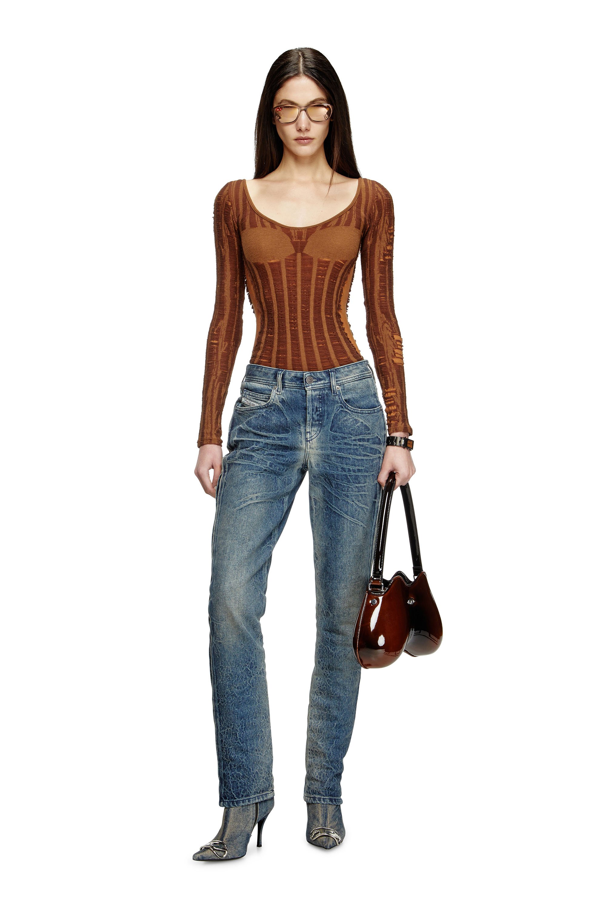 Diesel - M-CALAI, Female's Seamless top with lingerie illusion in ブラウン - 2