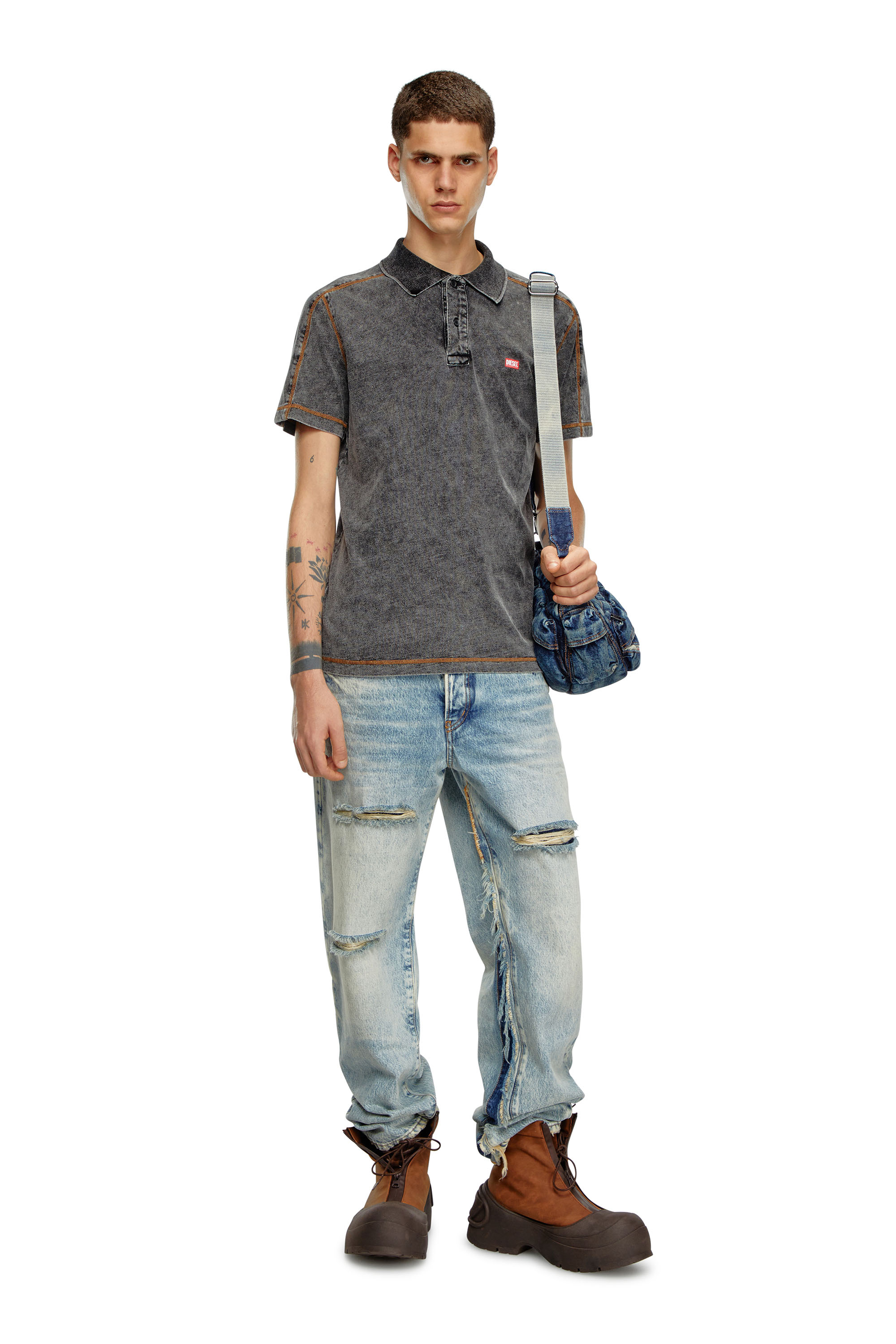 Diesel - T-SWIND, Male's Polo shirt in denim-effect jersey in ダークグレー - 1