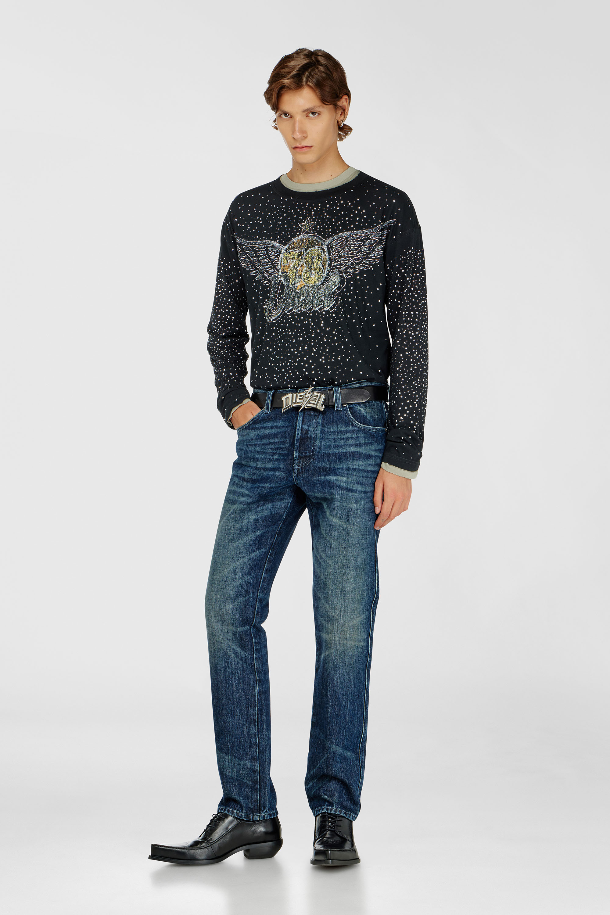 Diesel - T-EDRO-CRT-LS-C, Male's Ripped long-sleeve T-shirt with crystals in ブラック - 1