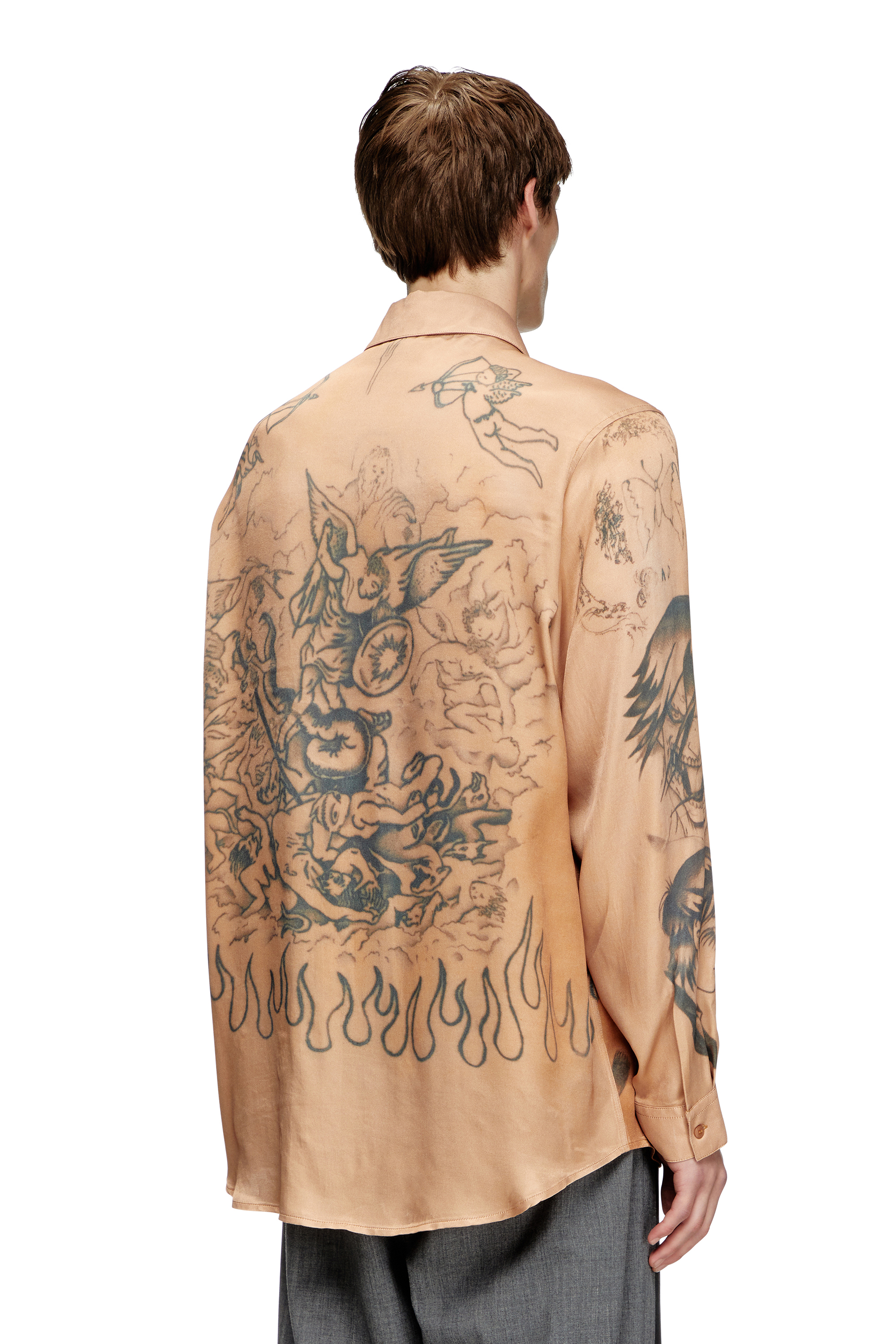 Diesel - S-SIMPLY-TTO-DD, Unisex's Fluid satin shirt with tattoo print in ベージュ - 5