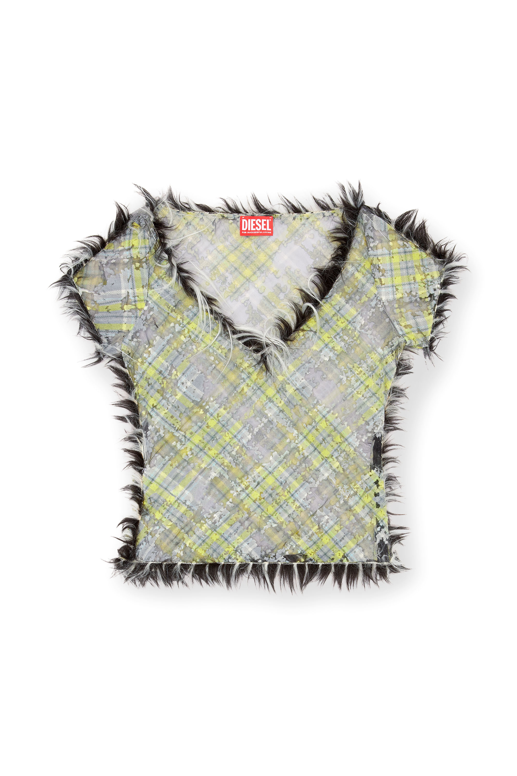 Diesel - T-UFFY, Female's Cropped top in fuzzy devoré check tulle in ブラック/グリーン - 3