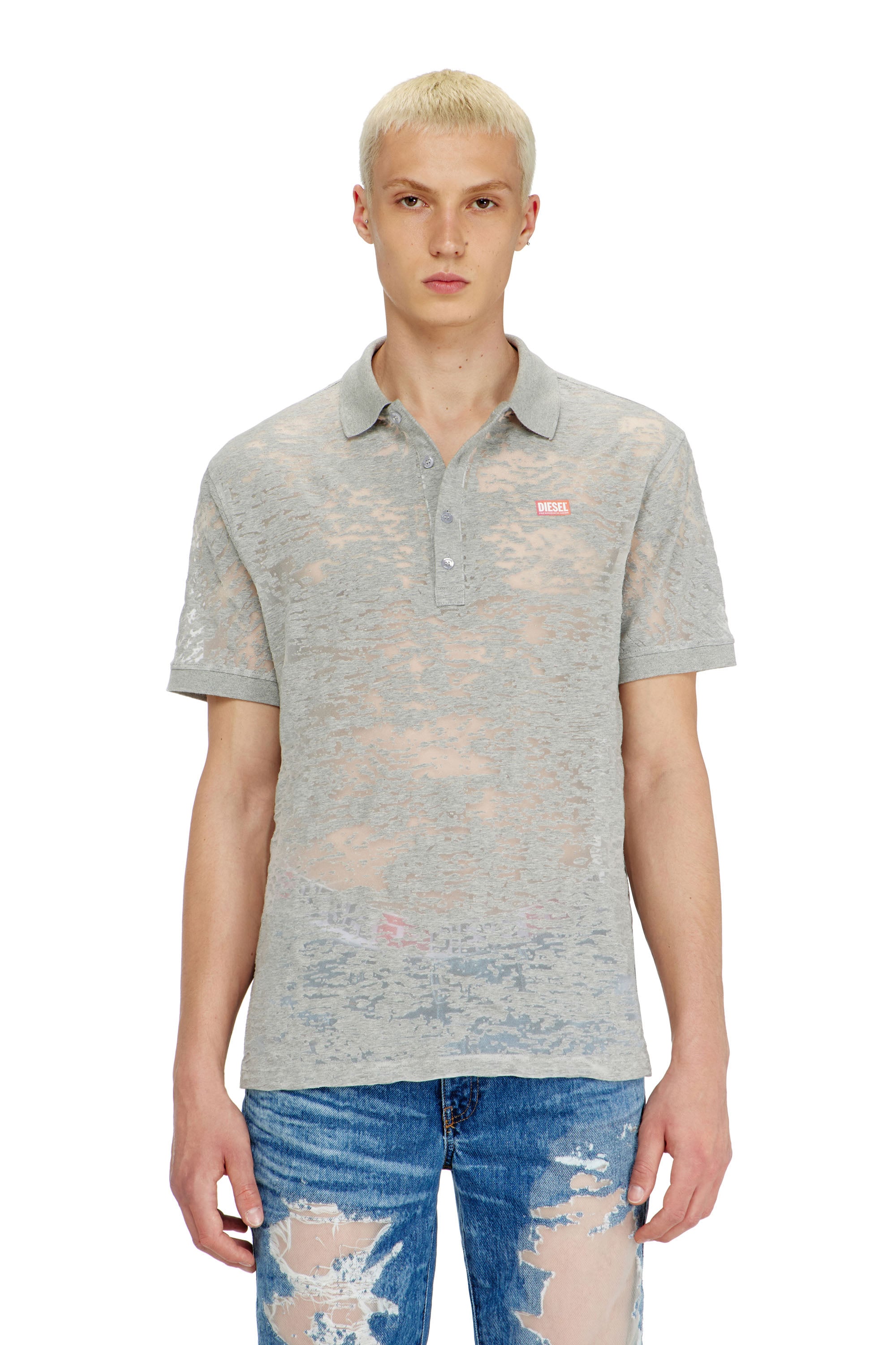 Diesel - PR-T-REJUST, Male's Polo shirt in all-over devor&eacute; jersey in ライトグレー - 3