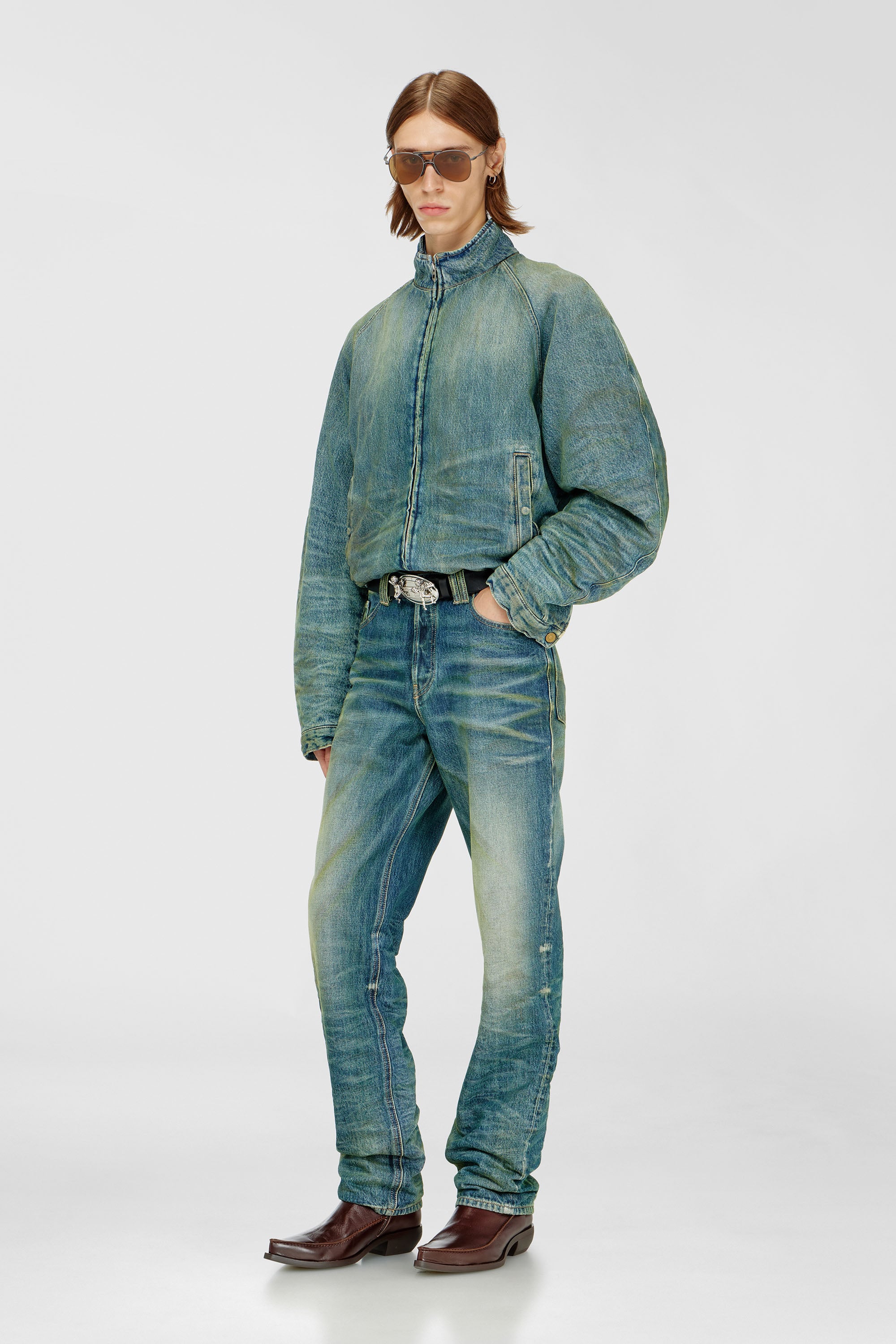 Diesel - D-BARUS-FSJ2, Male's Padded jacket in dirty-effect creased denim in ミディアムブルー - 2