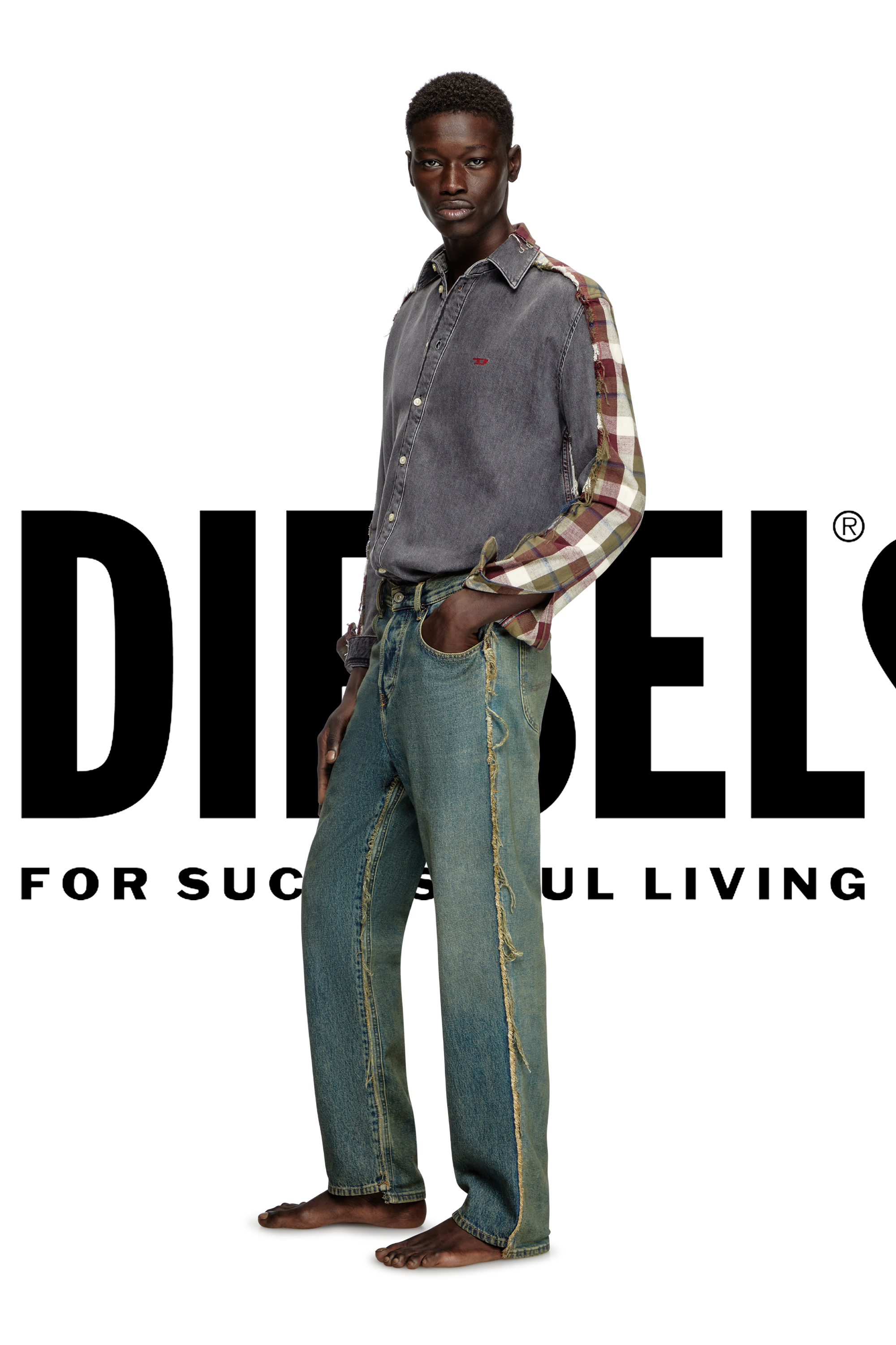 Diesel - Shirt Dieseloves 7A, Unisex's Denim and check shirt in グレー/レッド - 1