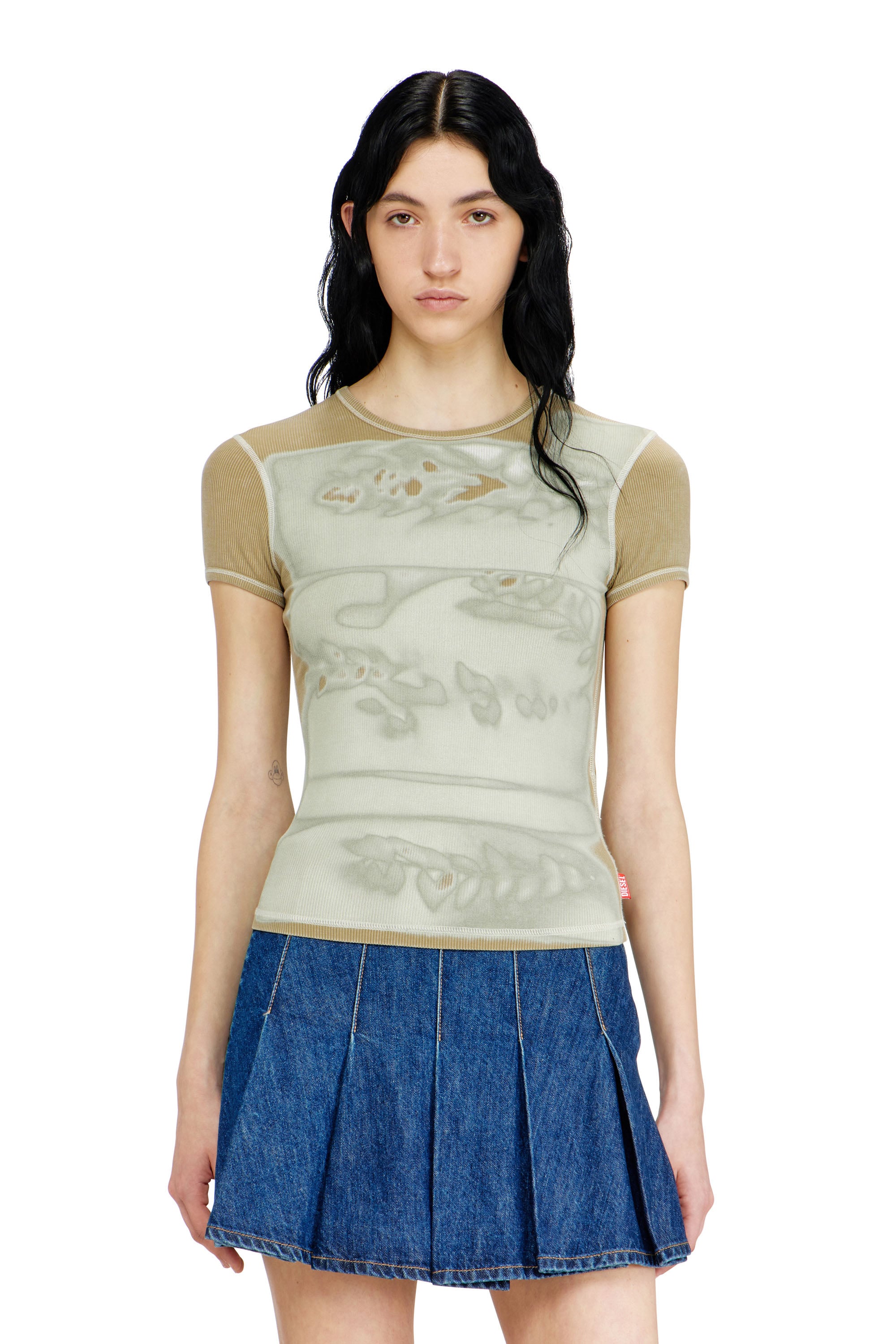 Diesel - T-ELE-LONG-AA1, Female's 半袖トップ in ベージュ/グリーン - 1