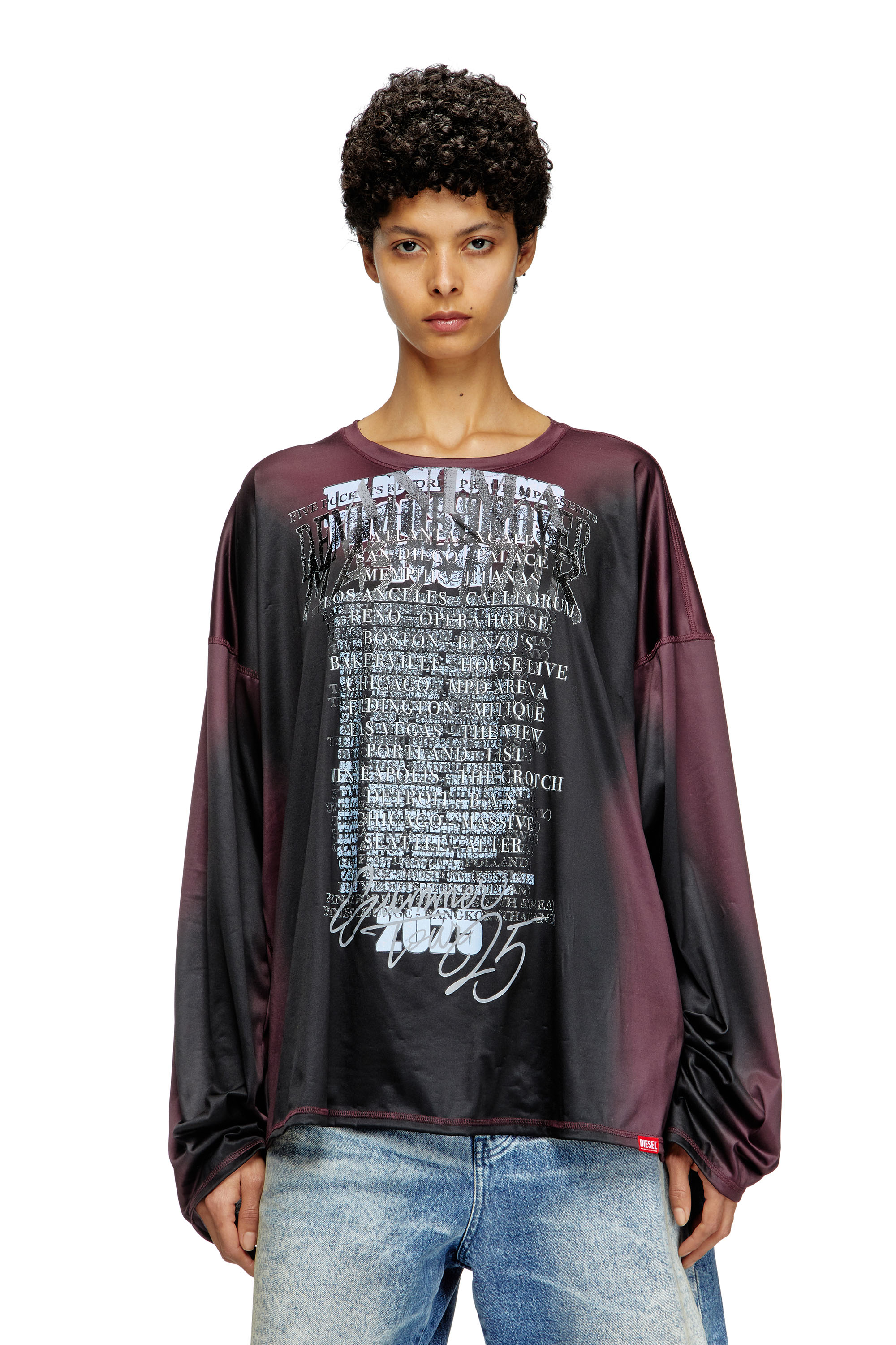 Diesel - T-OLAVI-AA, Unisex's Long-sleeve tech-jersey T-shirt with lyrics print in ブラック/バイオレット - 6