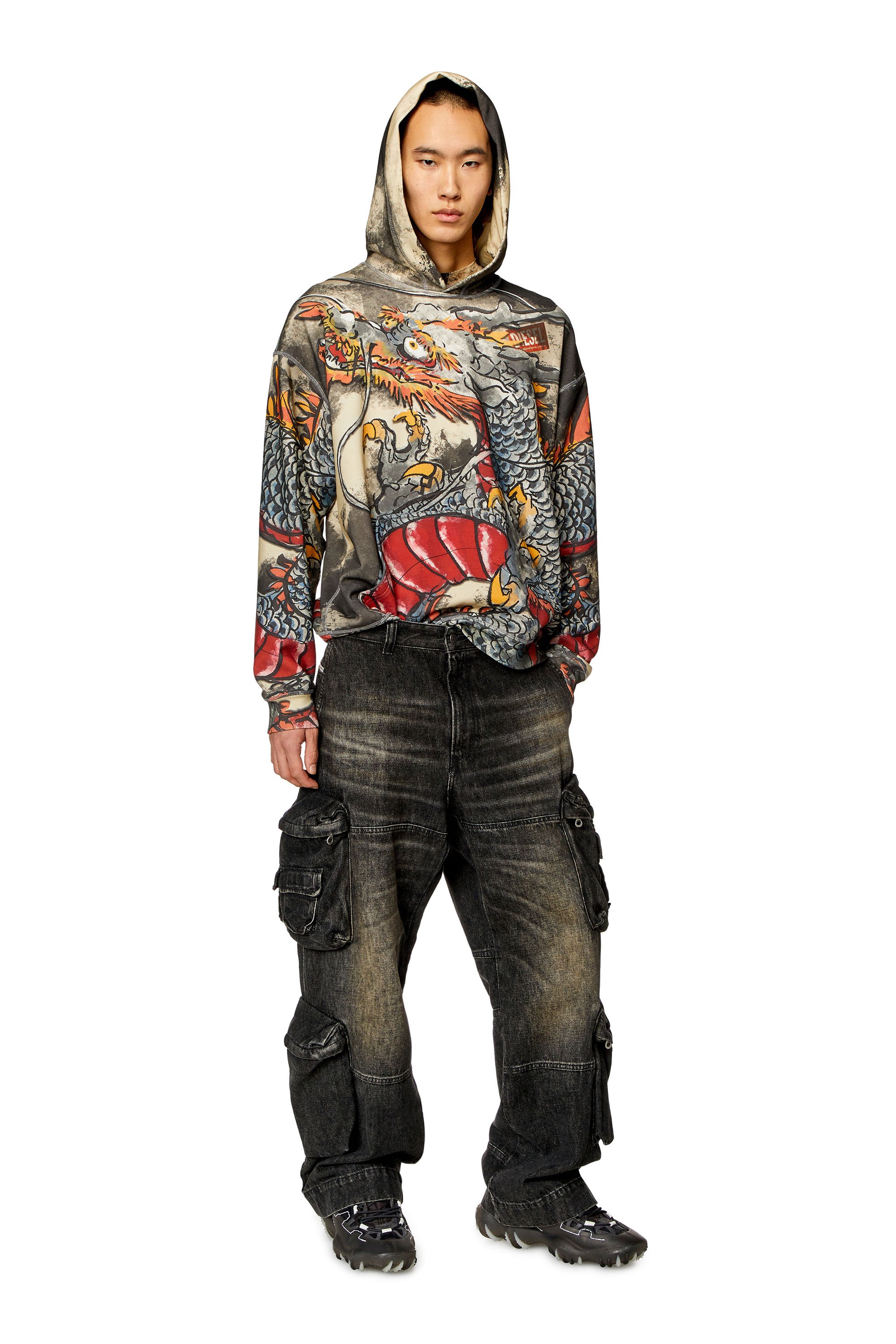 Diesel - CL-S-BOXT-HOOD-DRAGON, Unisex's Hoodie with Dragon print in ブラック/グレー - 2