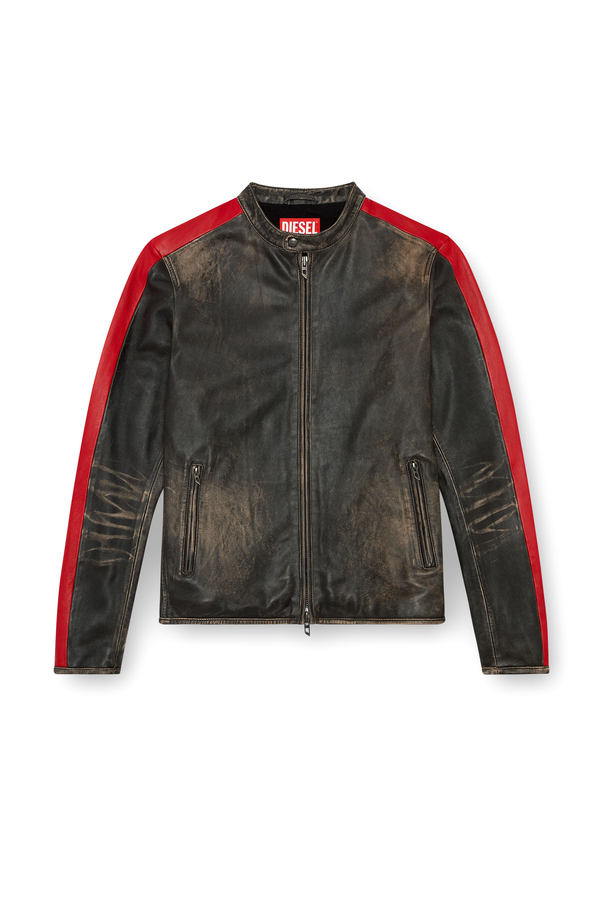 Diesel - L-RENN, Male's Leather jacket with contrasting stripes in ブラック/レッド - 2
