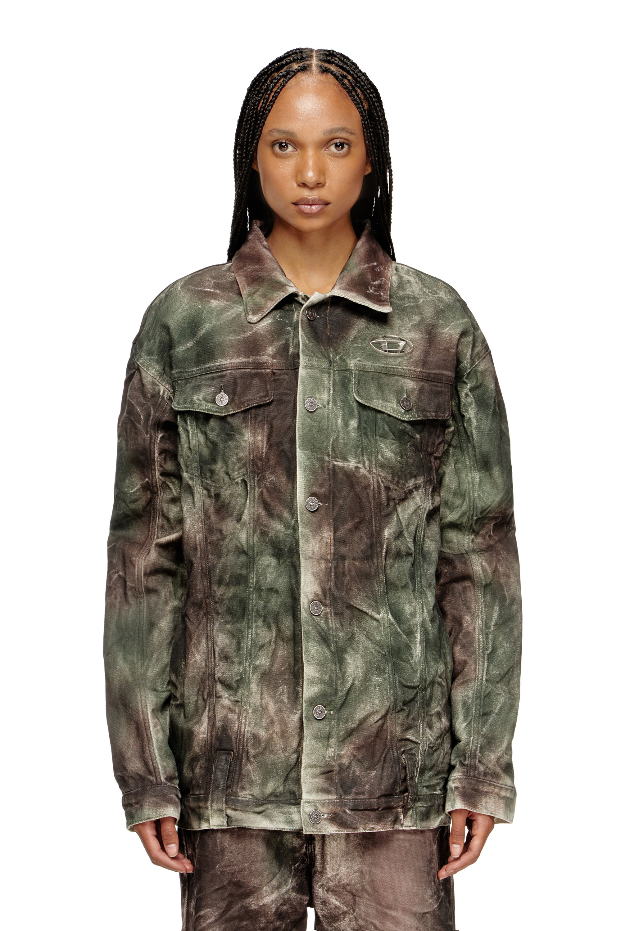 Diesel - J-THUG-JKT, Unisex's Trucker jacket in crinkled camo canvas in ブラウン/グリーン - 6