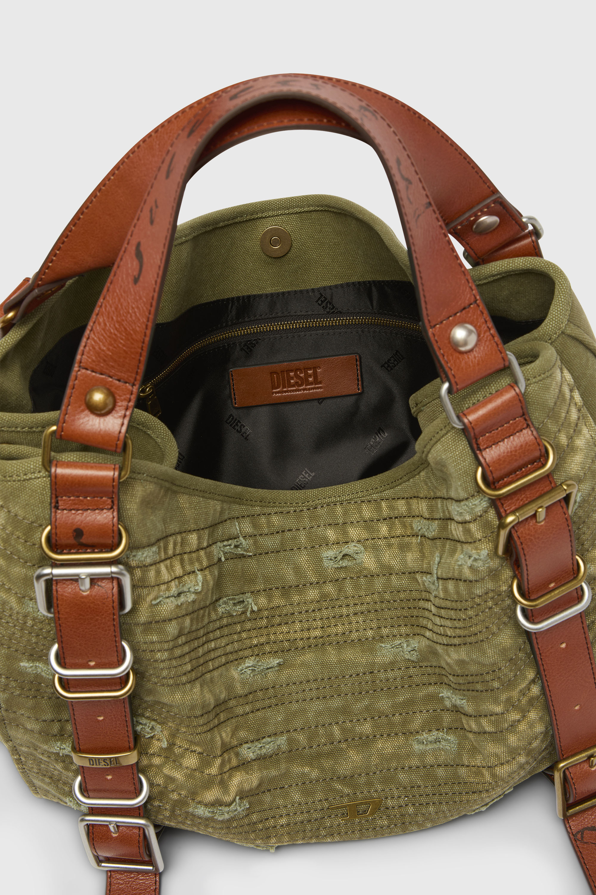 Diesel - D-ONE TOPHANDLE M, Unisex's D-One-Medium top-handle bag in distressed canvas in ミリタリーグリーン - 5