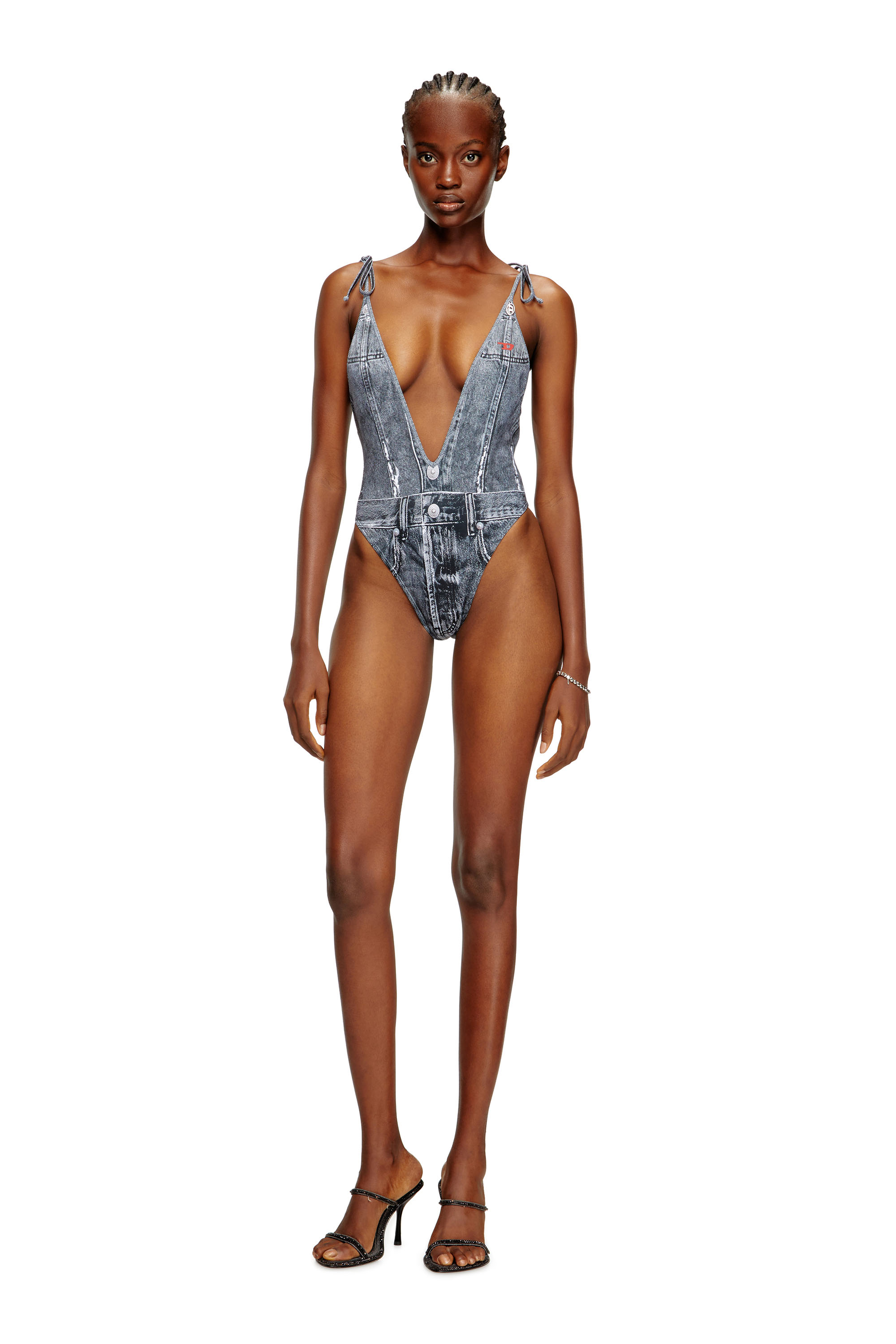 Diesel - KINSLEY-DNM, Female's Plunging swimsuit with denim trompe l'oeil in ブルー - 3