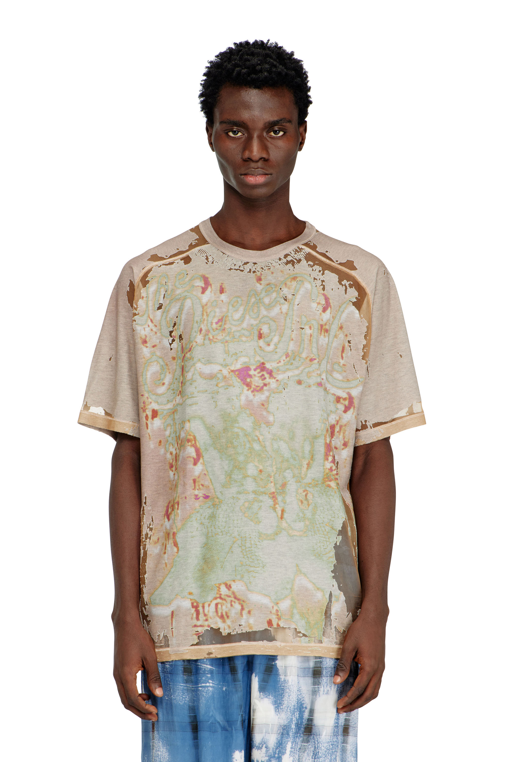 Diesel - T-LIVO, Male's T-shirt in printed devor&eacute; jersey in ライトブラウン - 1