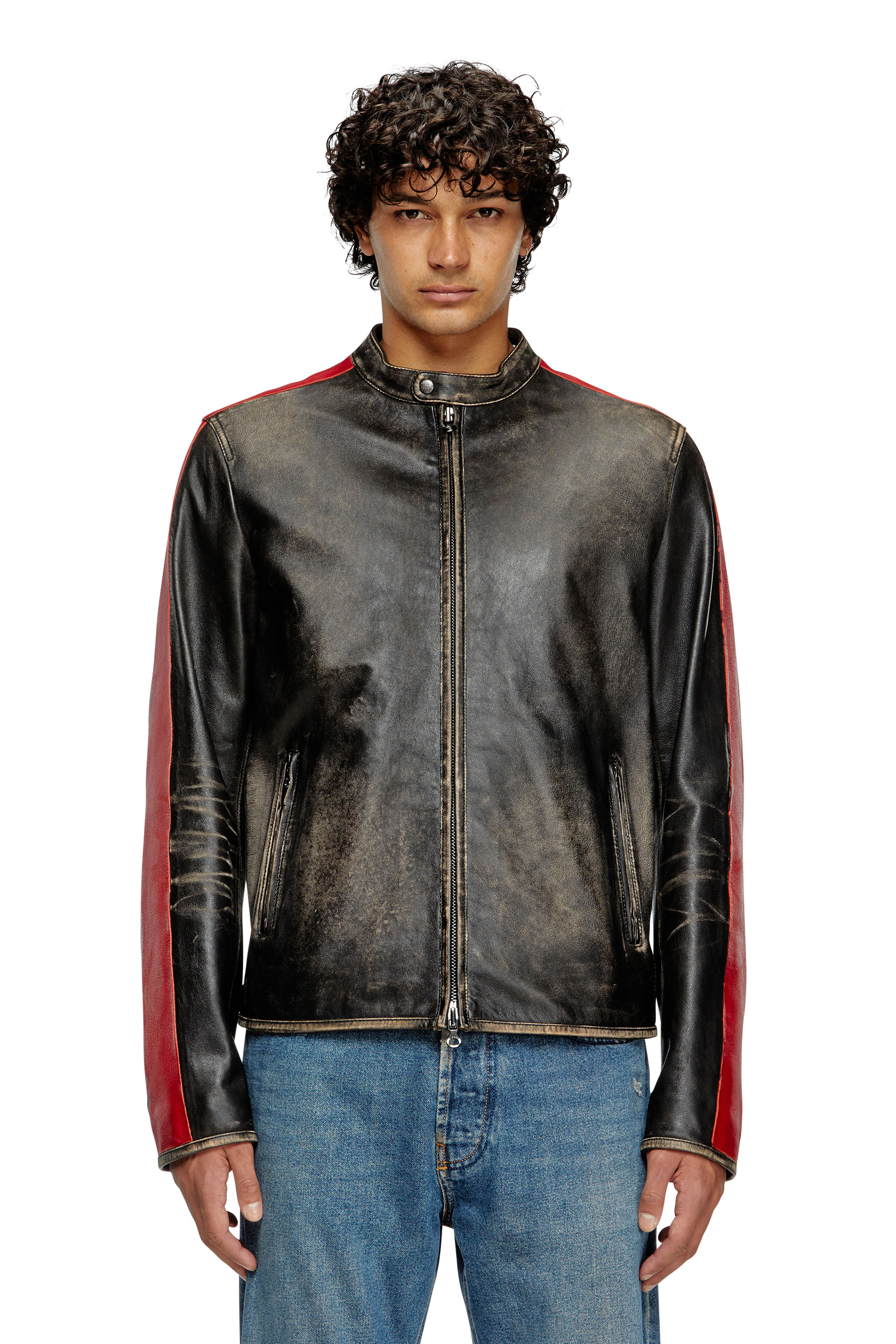 Diesel - L-RENN, Male's Leather jacket with contrasting stripes in ブラック/レッド - 3