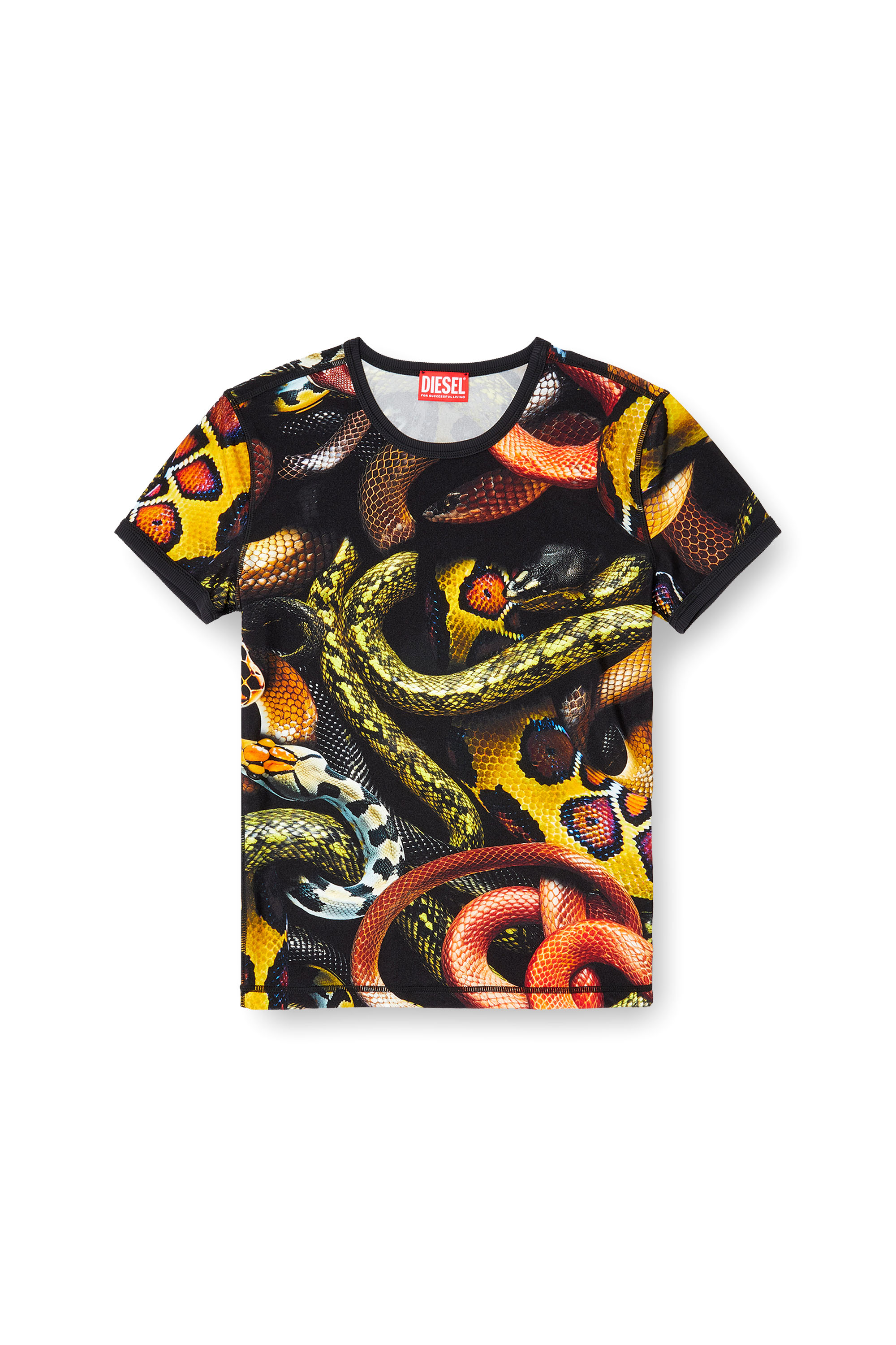Diesel - CL-T-UNCLE-SNAKE, Unisex's Lycra T-shirt with all-over snake print in ブラック/イエロー - 1