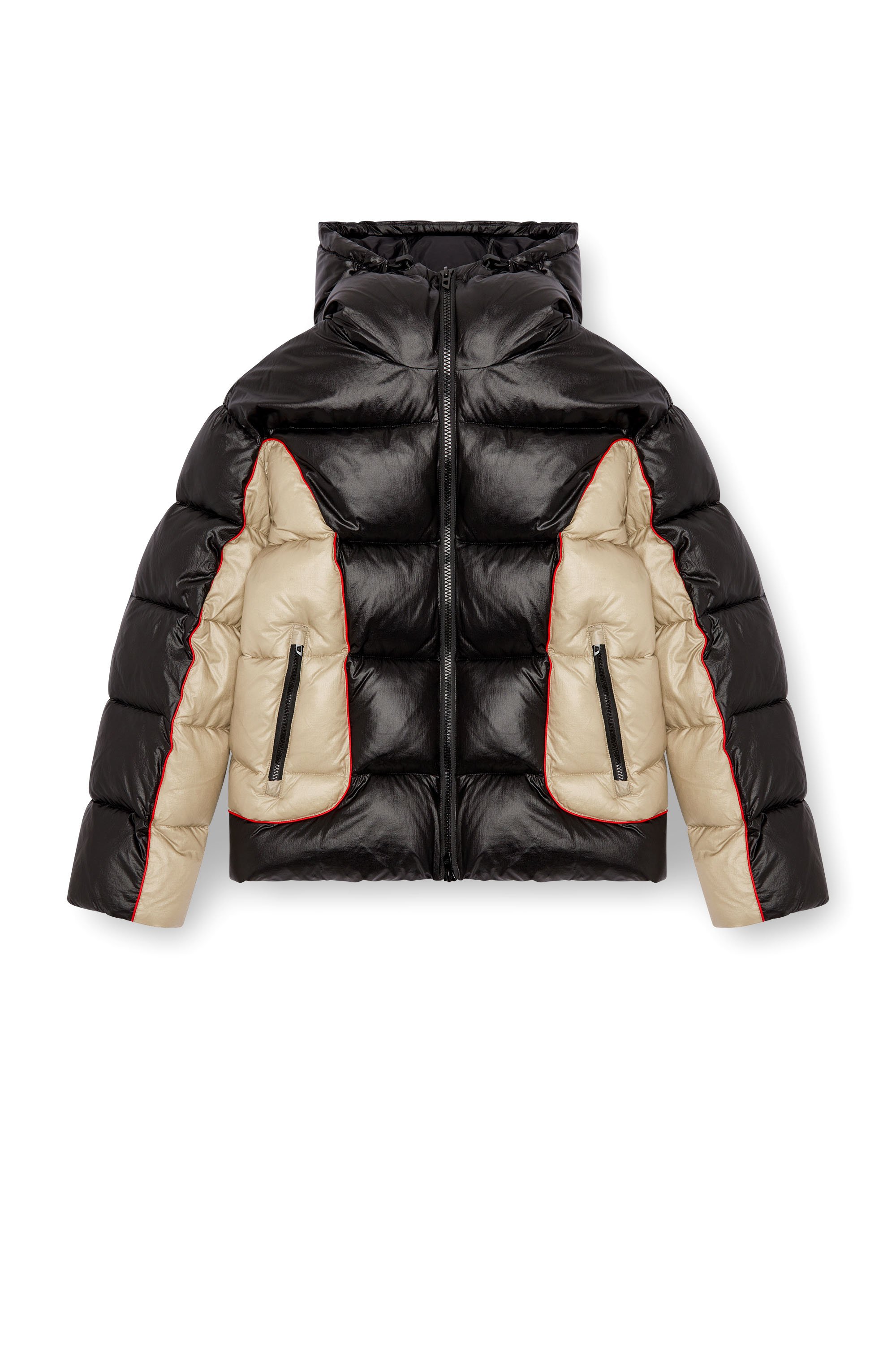 Diesel - W-OSTEND, Male's Hooded puffer jacket in shiny ripstop in ブラック/ベージュ - 3