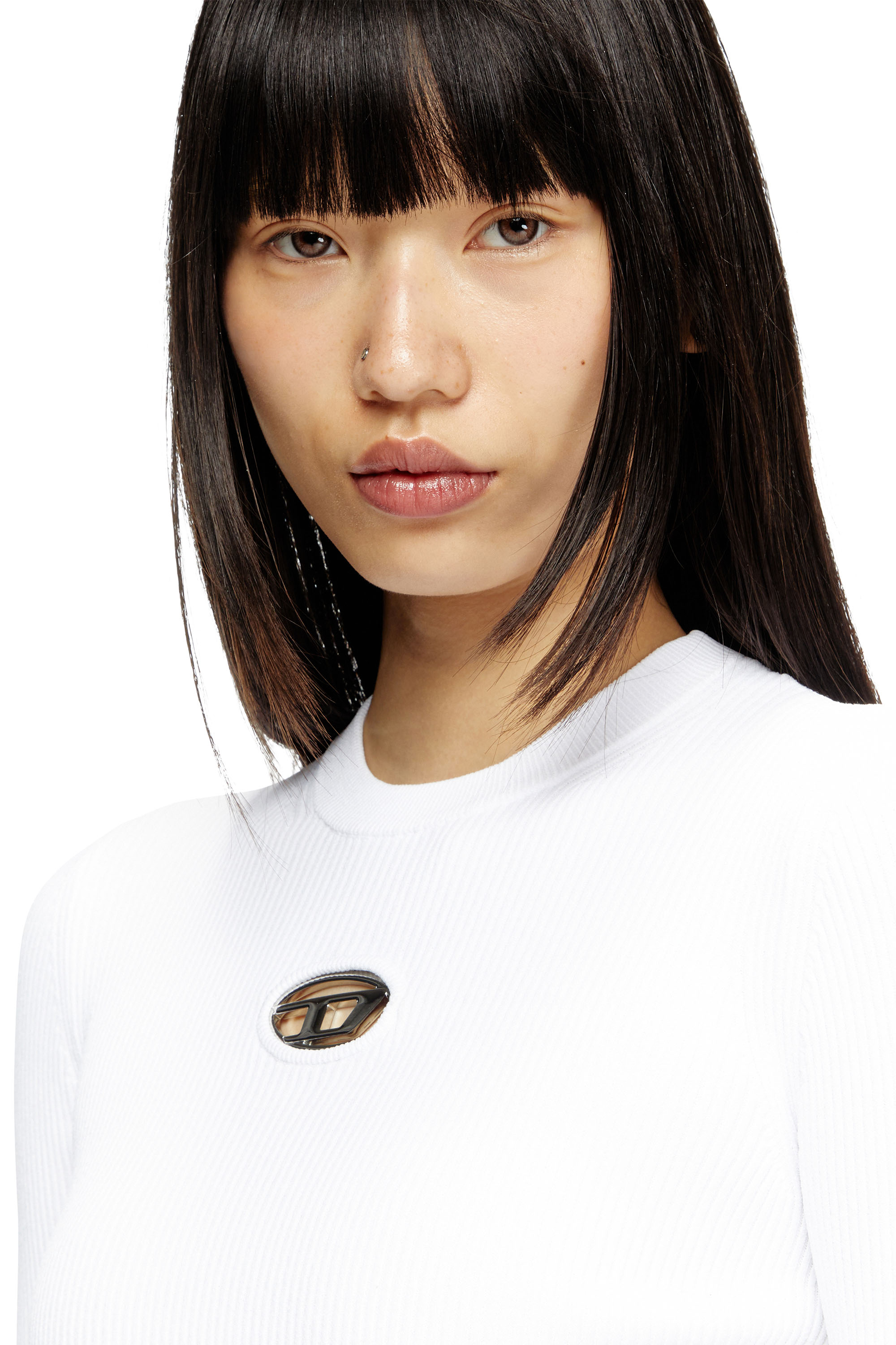Diesel - M-VALARI, Female's Rib-knit viscose-blend top with Oval D in ホワイト - 3