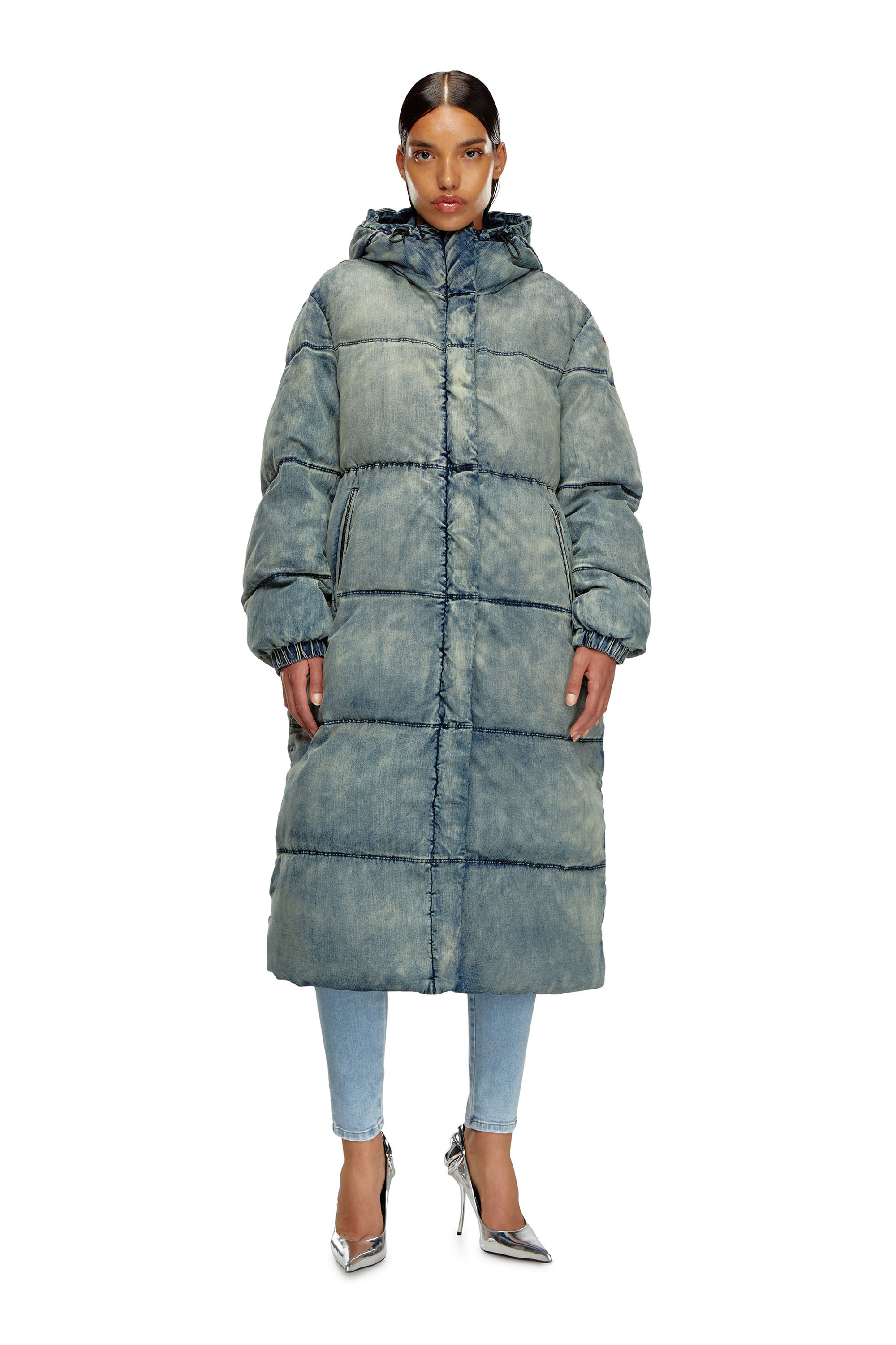Diesel - W-AVES-LONG, Female's Hooded puffer coat in stretch denim in ブルー - 1